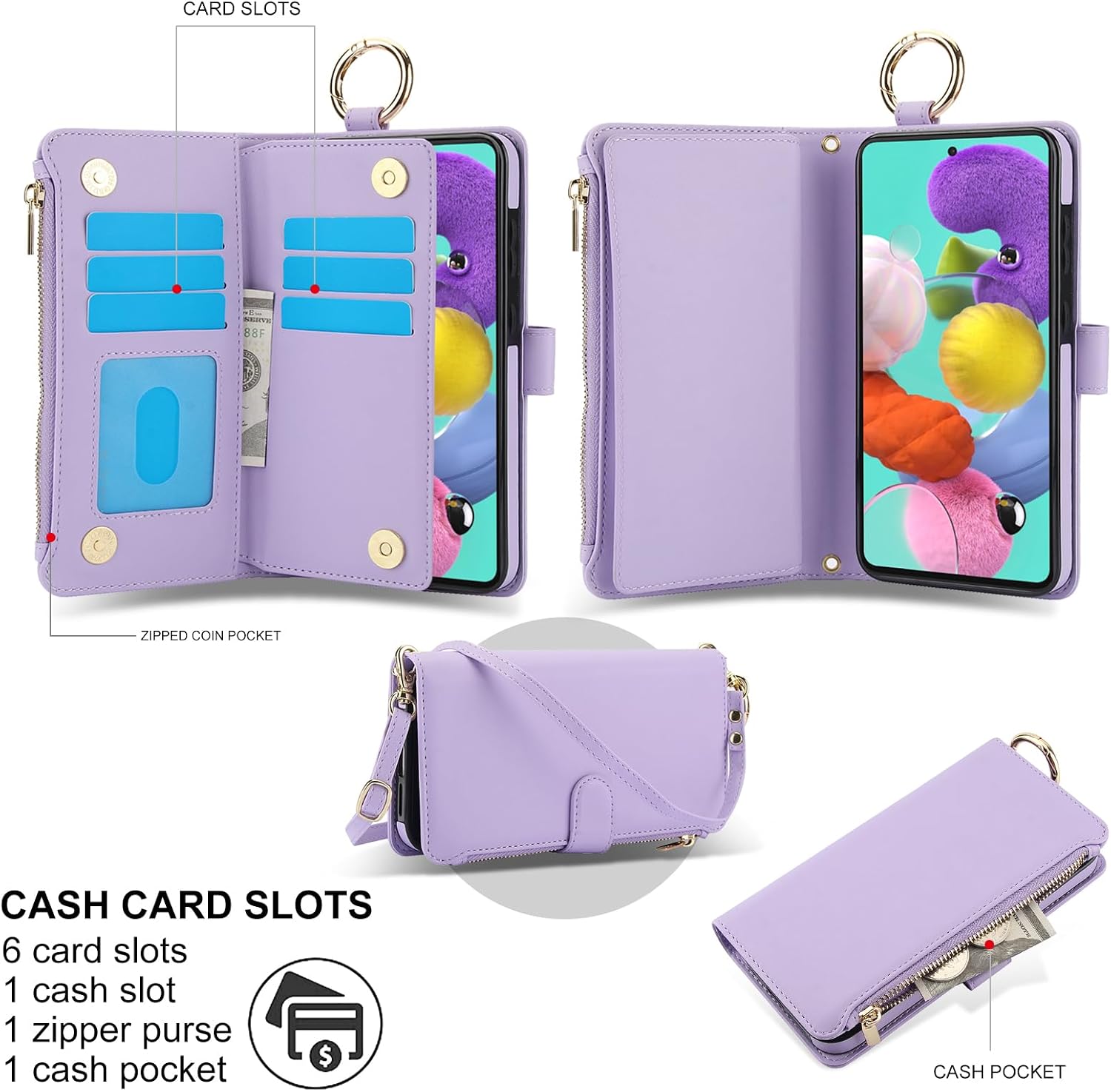 Asuwish Phone Case for Samsung Galaxy A51 4G Zipper Wallet with Tempered Glass Screen Protector Strap Card Holder RFID Blocking Stand Flip Cell Cover A 51 M40S 51A A515F S51 Women Girls Violet