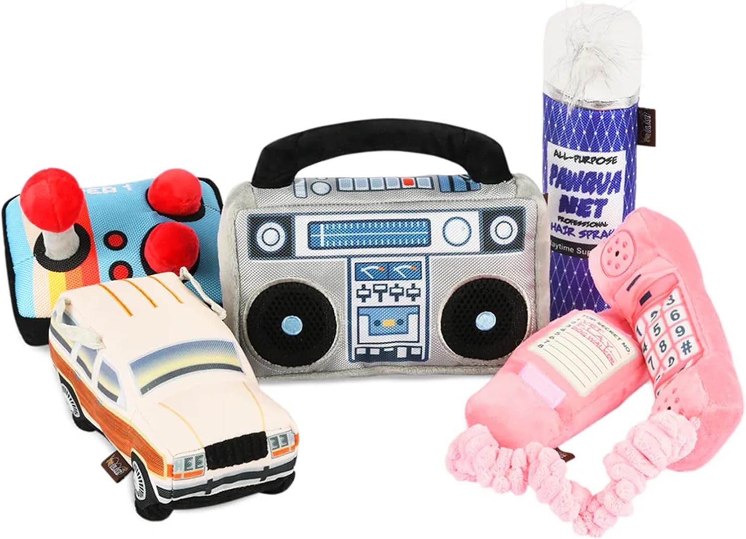 P.L.A.Y. Cute Plush Dog Toys - 1980s Classics Themed Durable Squeaker Crinkle Chew Toys, Great for Puppies & Small, Medium, Large Dogs - Machine Washable, Recycled Materials (5 Piece Set)