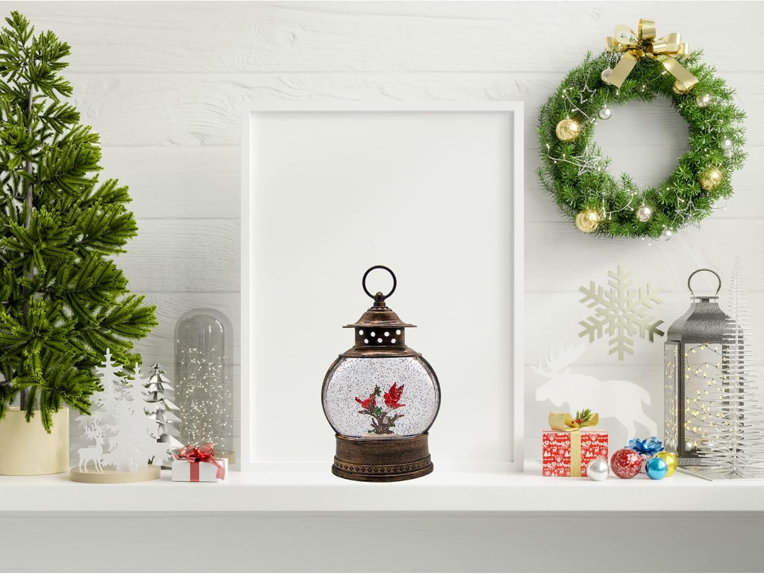 Lighted Swirling Water Lantern with Cardinal Design, Freestanding for Shelf, Mantel, Desk, Table, Winter Bird Christmas Décor, Festive Holiday Decoration, 11.5 Inches High