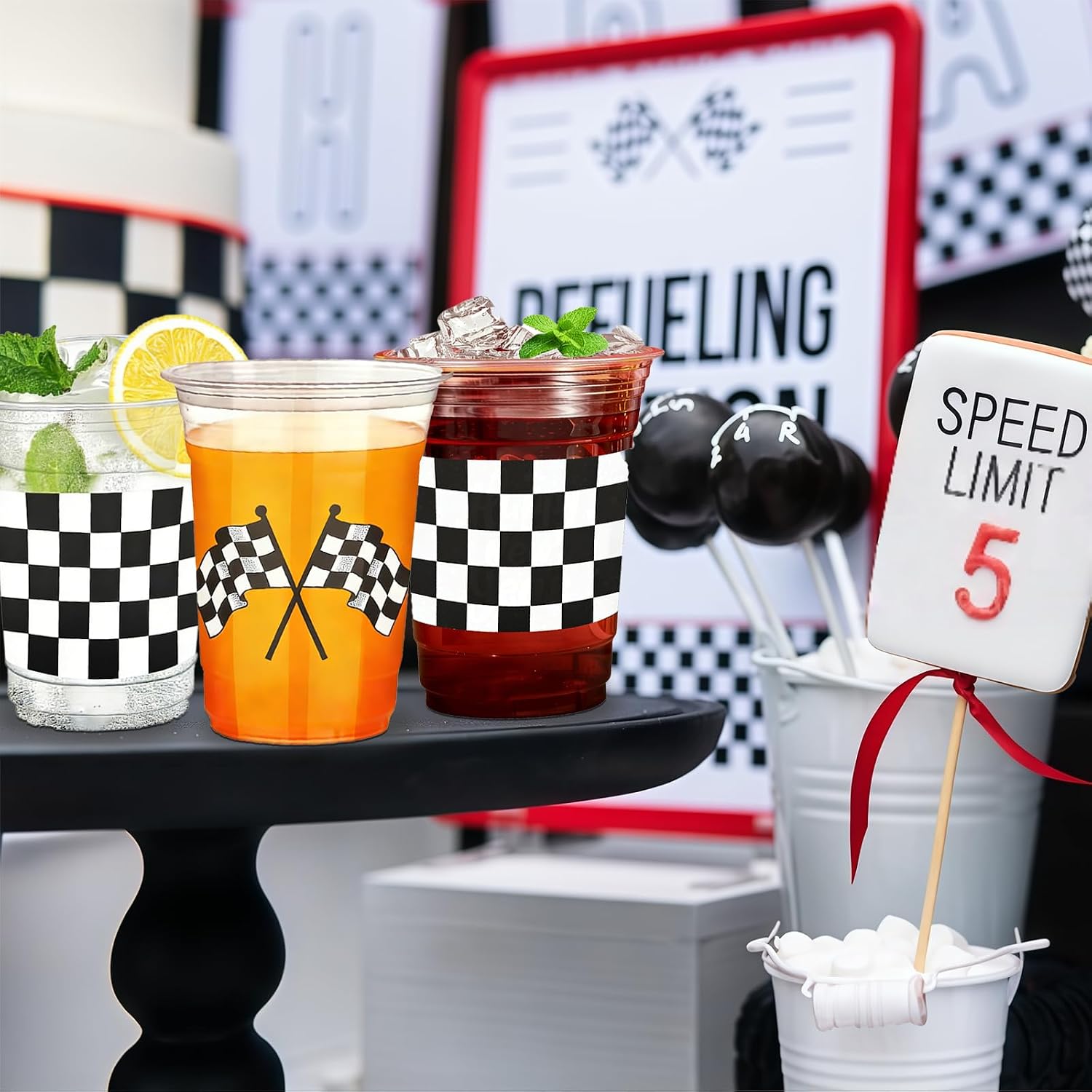 50 Pcs Checkered Racing Party Plastic Cups 16 oz White Black Checkered Flag Clear Cup Disposable Race Car Drinking Cups for Race Car Sports Themed Birthday Table Decoration Party Favors Supplies
