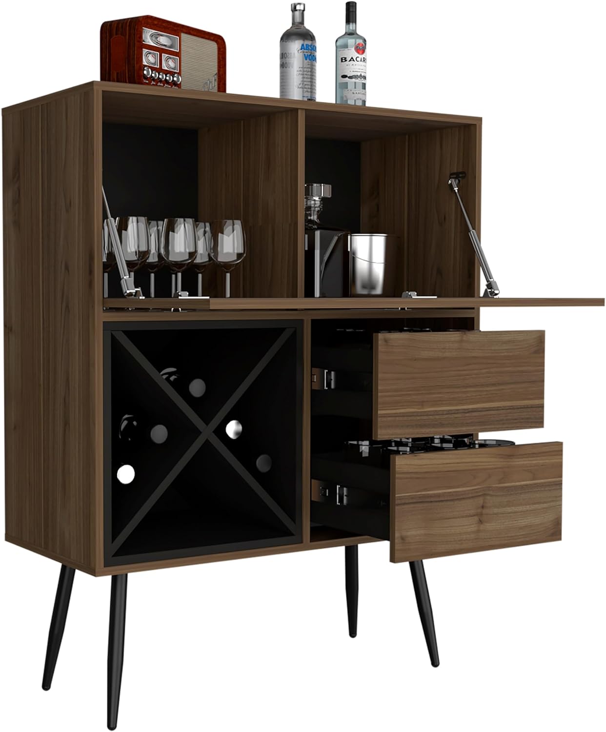 Tuhome Prunus Bar Cabinet with One Storage Cabinet, Two Spacious Drawers, Bottle Racks and Functional Top Surface Offering Modern Organization for Home Entertainment, Cocktail Preparation.