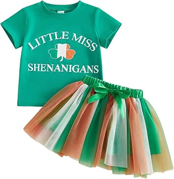 Toddler Baby Girl St Patricks Day Outfit Short Sleeve Clover Letter Print Shirt and Tulle Skirt Set Irish Clothes