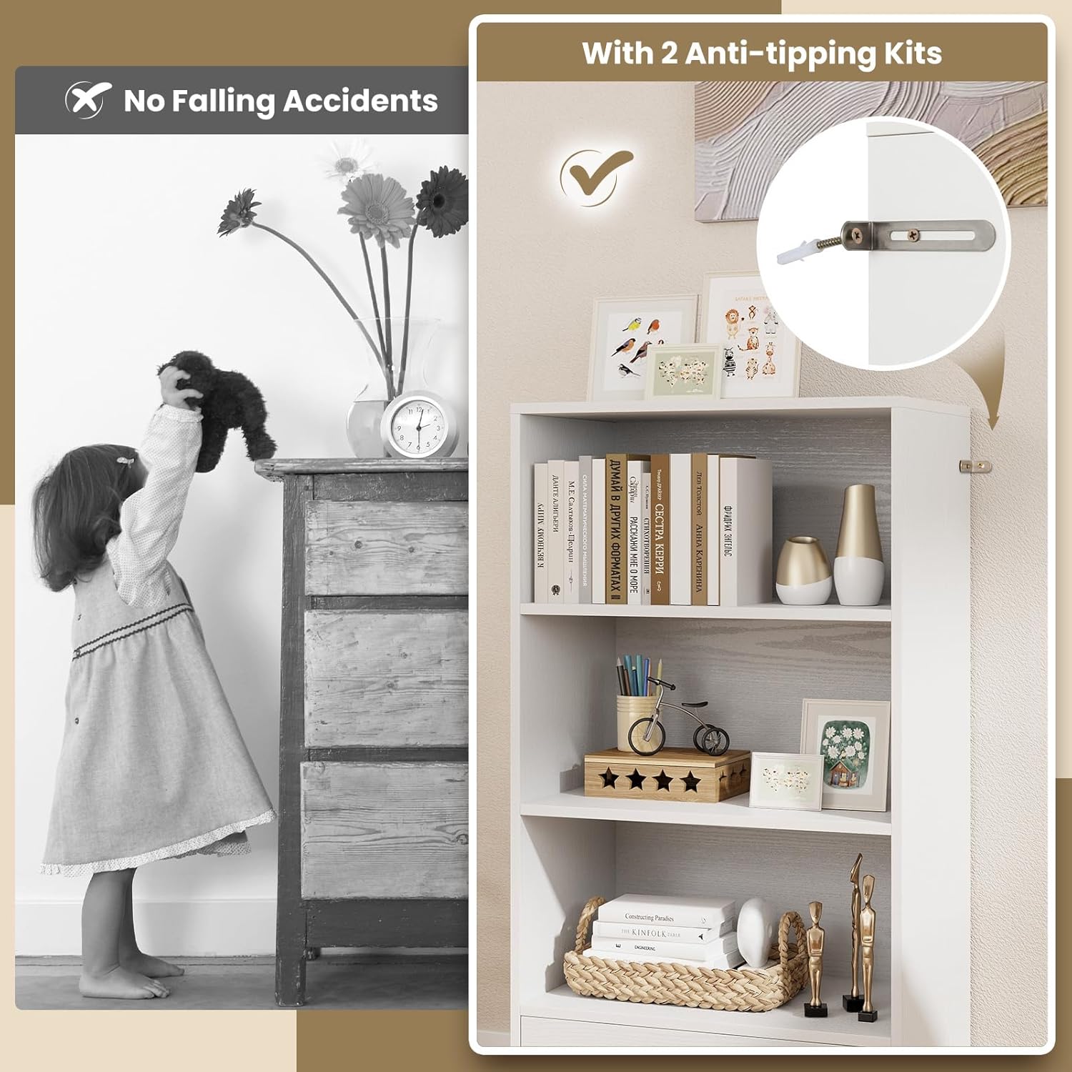 LOKO 4-Tier Bookcase with Storage Drawer, Modern Organizer Display Storage Shelves with Anti-toppling Device, Freestanding Bookshelf with 3 Open Shelves & 1 Drawer, Living Room, Study, Office (White)