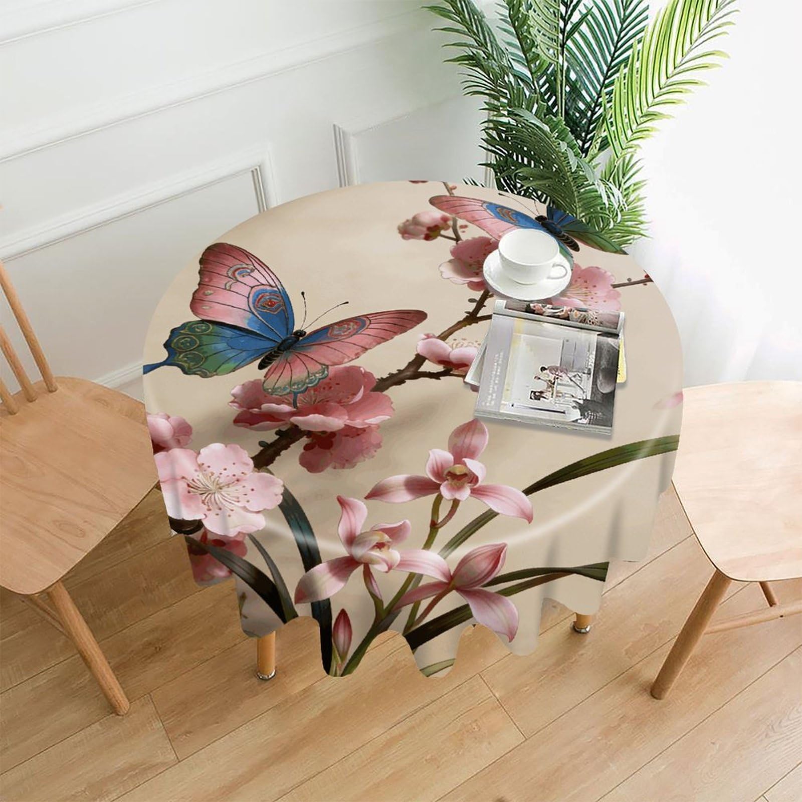 FekiLoot Butterfly Perches on The Spring Branch. Round Tablecloth Cover 60 Inch Wrinkle Free Washable Polyester Fabric Table Cover Decorative Round Table Cloth for Home Dining Kitchen Party Farmhouse
