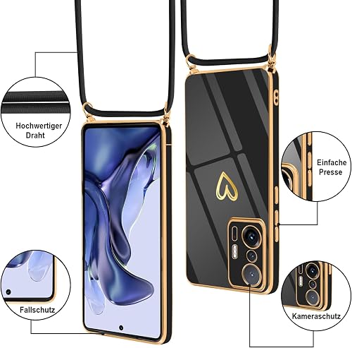 Vauki Coque pour Xiaomi 11T/Xiaomi 11T Pro 5G avec Cordon de Collier, Galvanisé Etui Housse avec Motif Coeur d'amour, Antichoc Anti-Rayures Case avec Bandoulière pour Xiaomi 11T 5G 6.67", Noir - 2