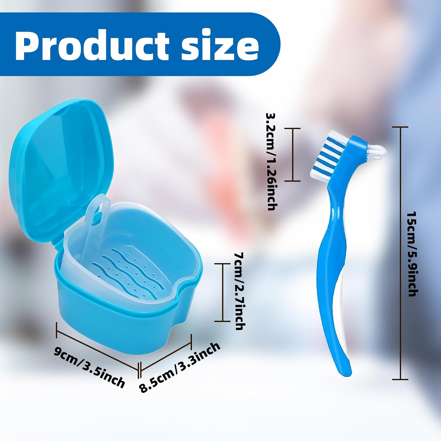 Denture Cleaner Box and Brush Set - 2 Pack Denture Bath Case with Basket + 2 Pack Denture Brush, Portable Denture Retainer Storage Box, False Teeth Brushes for Oral Care (Light and dark blue)