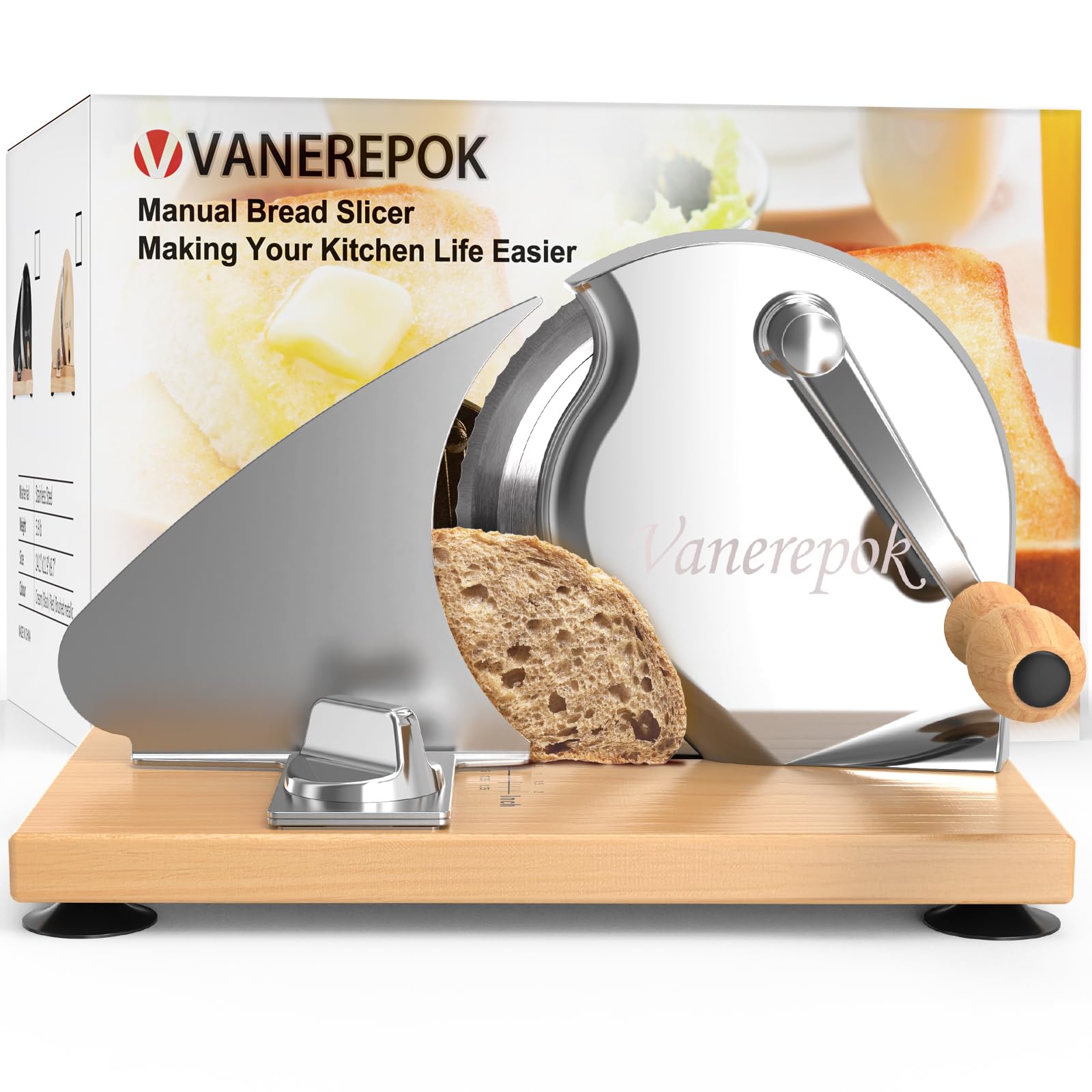 vanerepok Manual Bread Slicer for Homemade Sourdough Bread Versatile Hand Crank Bread Slicer for Sourdough Crusty Bread Etc Stainless Steel Slicers Adjustable Width for Homemade & Commercial Use