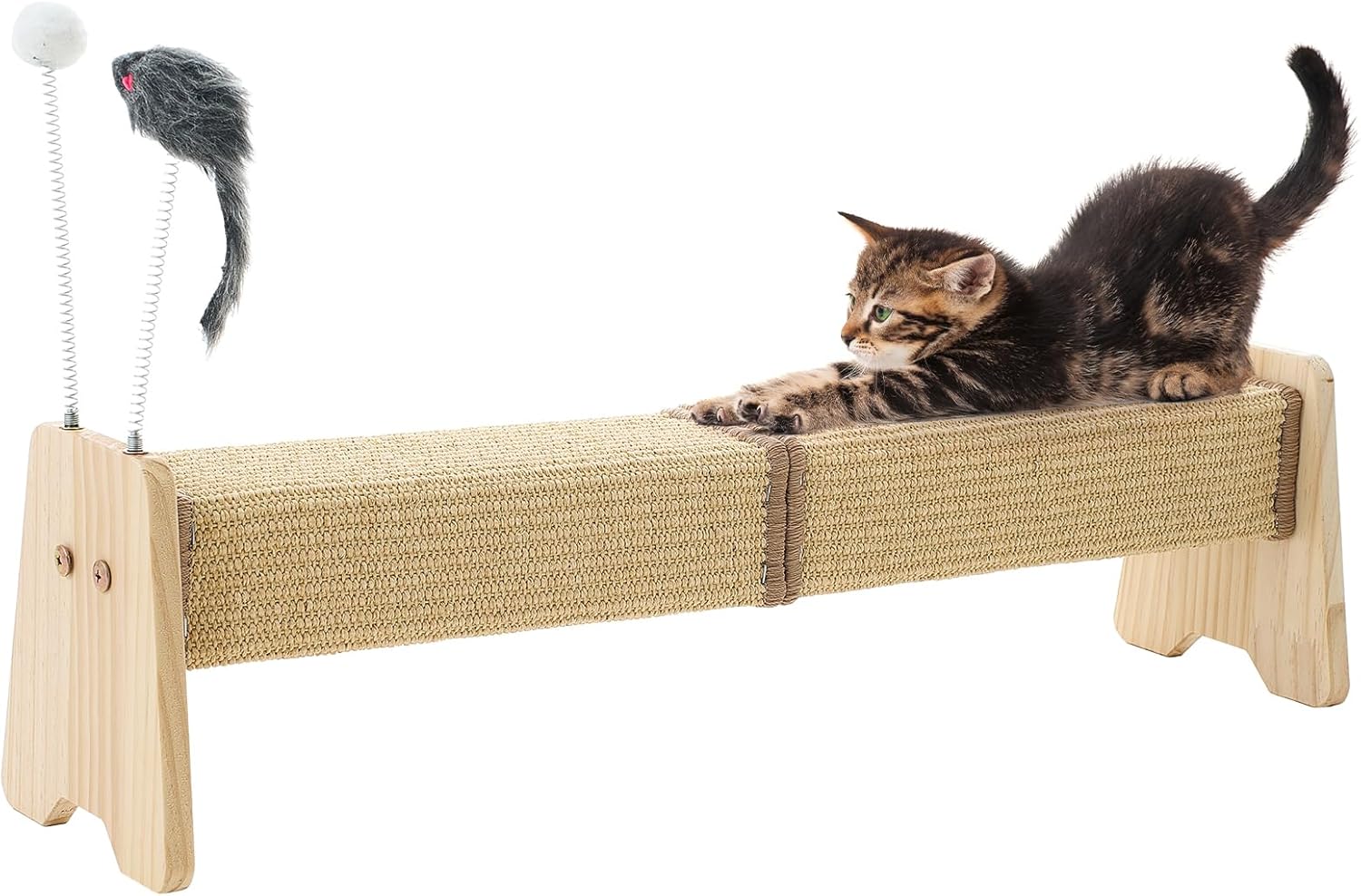 30 Inch Winter Horizontal Cute Cat Scratching Post Sisal Wooden Scratchers for Indoor Cats with 2 Interactive Cat Toys Wall Furniture Protector Kitten Enrichment Toy(Square)