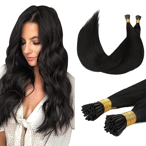 Miniatura 1 de DOORES Extensiones de cabello humano con punta I Tip, color negro natural, 1.76 oz100 s, 14 pulgadas, extensiones de cabello humano Remy lacio y