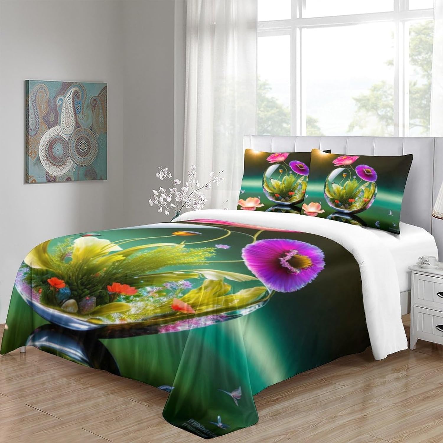 Colored Flowers Three Piece Suit Cartoon Quilt Cover Set - Super Soft Bedding Set for Kids with Pillowcase - Lightweight and Breathable Microfiber Bed Linens