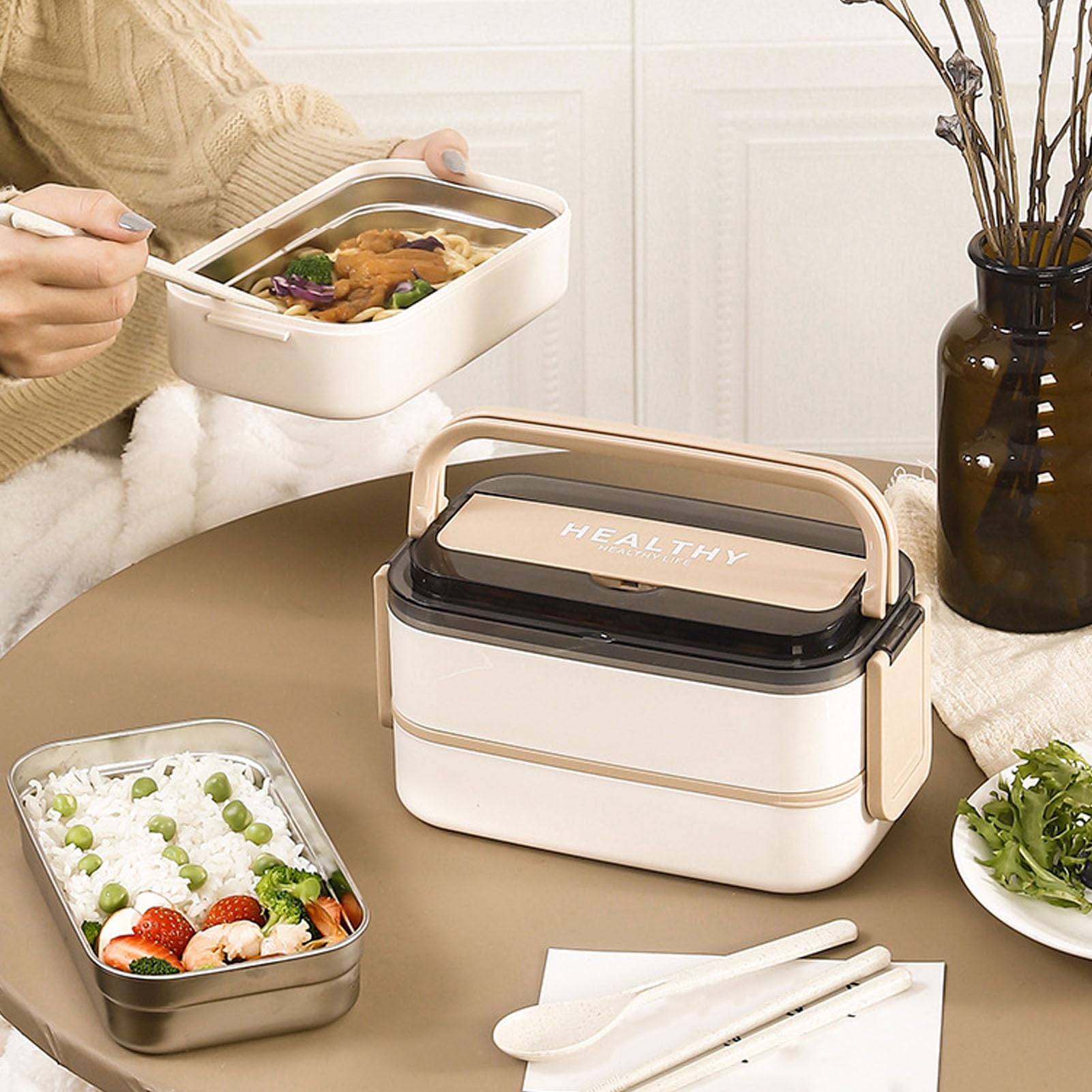 YUYTE para Alimentos Lonchera Portátil con Compartimentos de Acero Inoxidable 316 de Doble Capa con Cubiertos para el Trabajo, la Escuela, la Oficina, 1400 Ml de Gran Capacidad (albaricoque de leche)