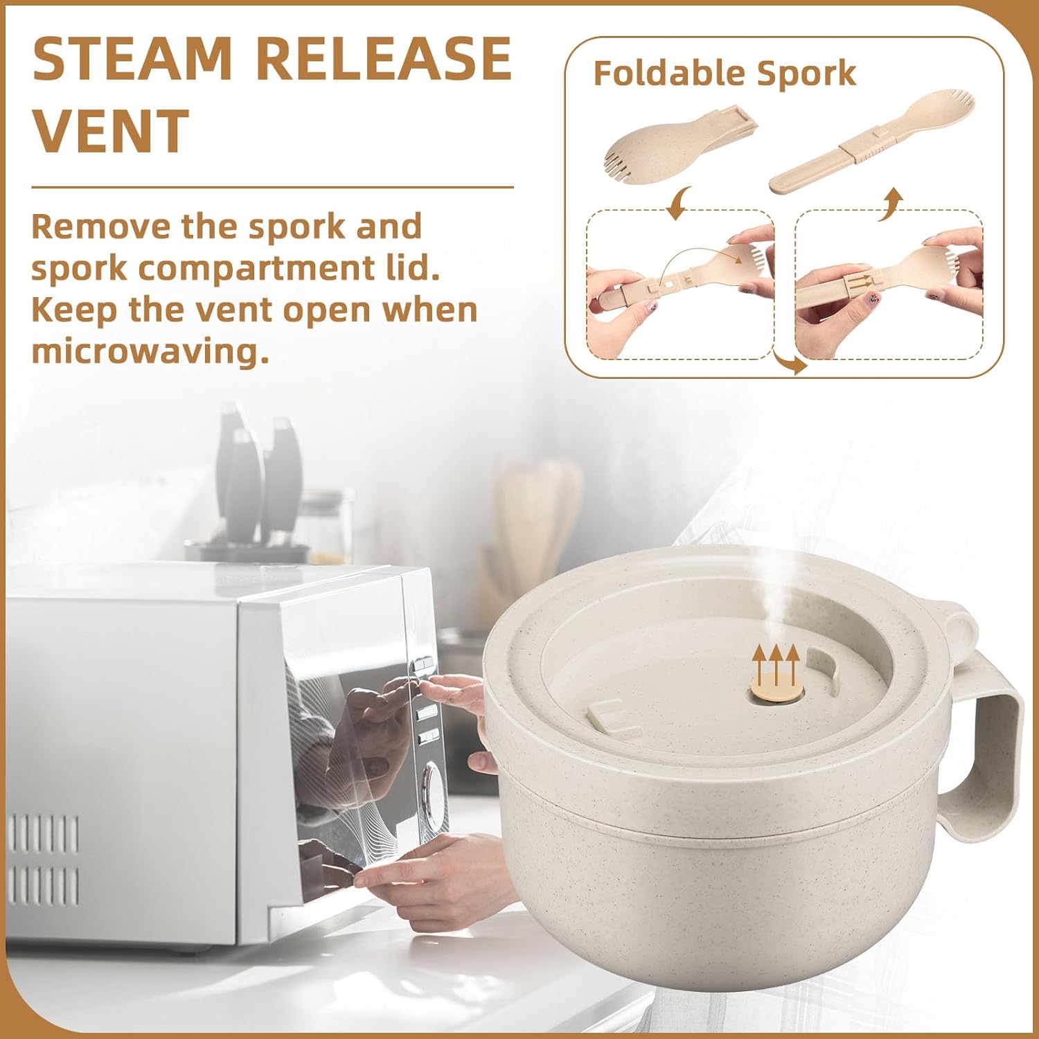 Maxdot 4 Pcs Microwave Ramen Bowl Microwavable Instant Soup Cups with Lids Large Soup Bowls with Handles Dishwasher Safe Mug for Cereal Food Container(Wheat Color)