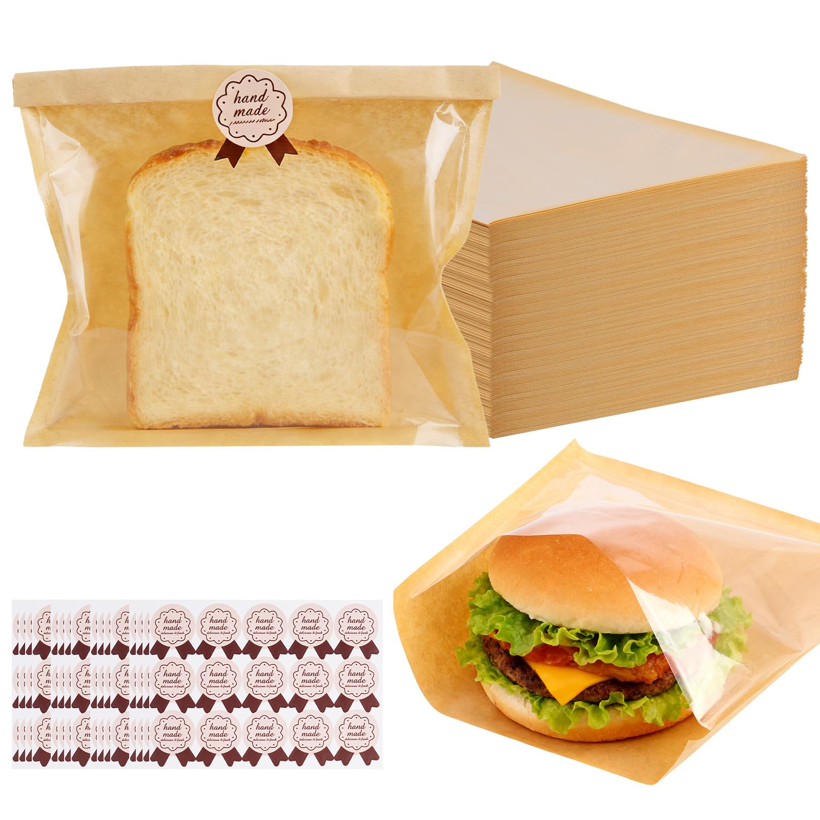 Akamino 200 Pcs Kraft Paper Sandwich Bags, Heat Sealable Paper Food Bags with Clear Window Front & Sticker,Brown Pastry Bakery Bag Toast Packs for Packaging Cookies Dessert Sweets,Gifts Craft(7.5x7In)