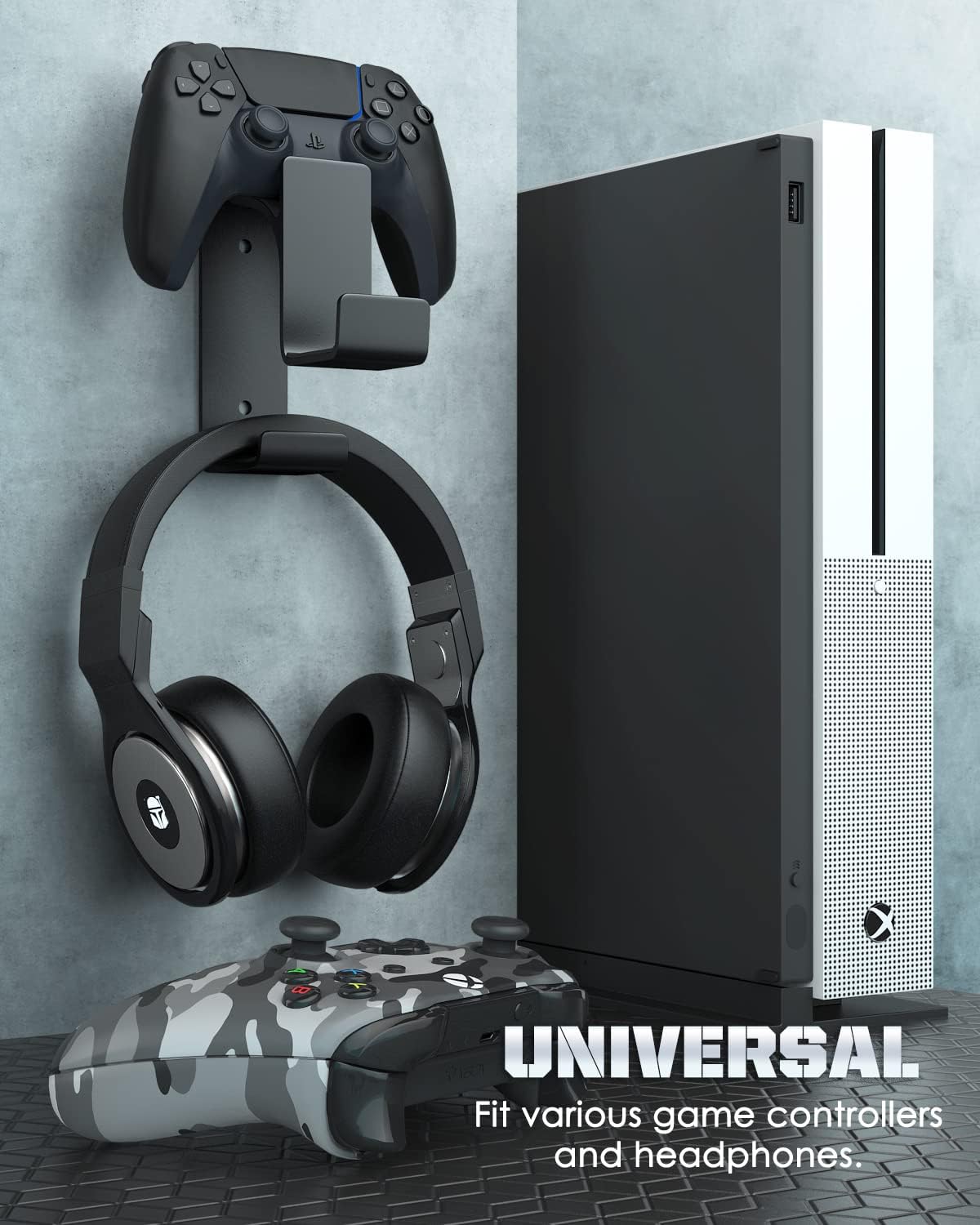 MoKo Supporto per controller, doppio controller gamepad e gancio per cuffie per Xbox One, Xbox 360, PS3, PS4, PS5, PC, STEAM, interruttore, supporto da parete per tutte le cuffie universali, nero