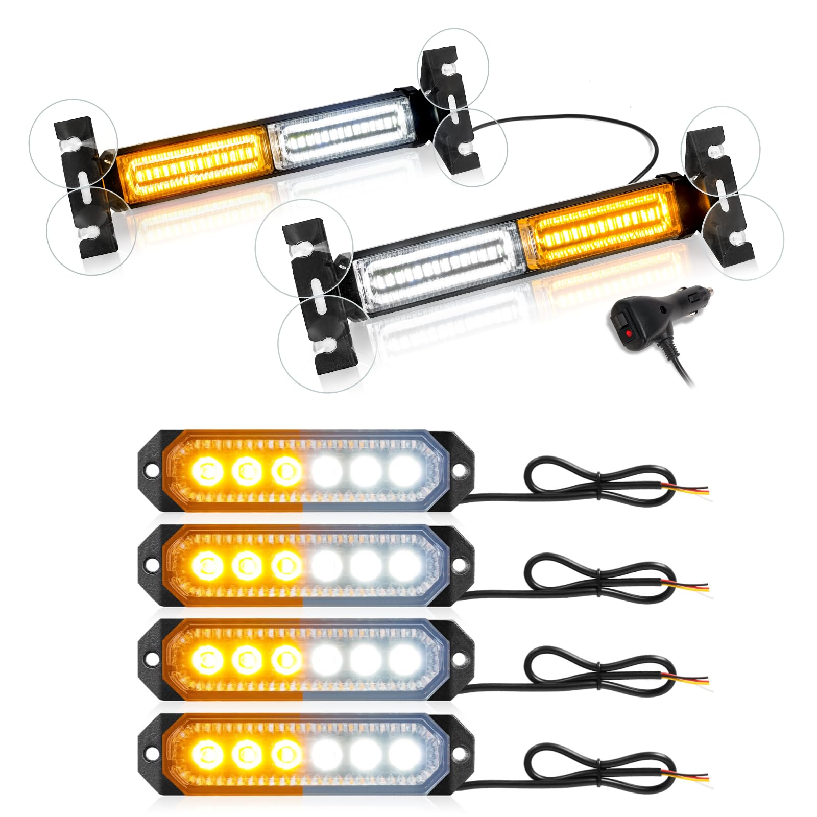 HLautoBundle-2 Items: 1002L Emergency Strobe Traffic Advisor Light Bar, 40LED 2x10.7 Safety Light (Amber White) + 4 Pcs 6 LED Strobe Grille Light, 12V-24V Surface Mount Warning Light (Amber White)