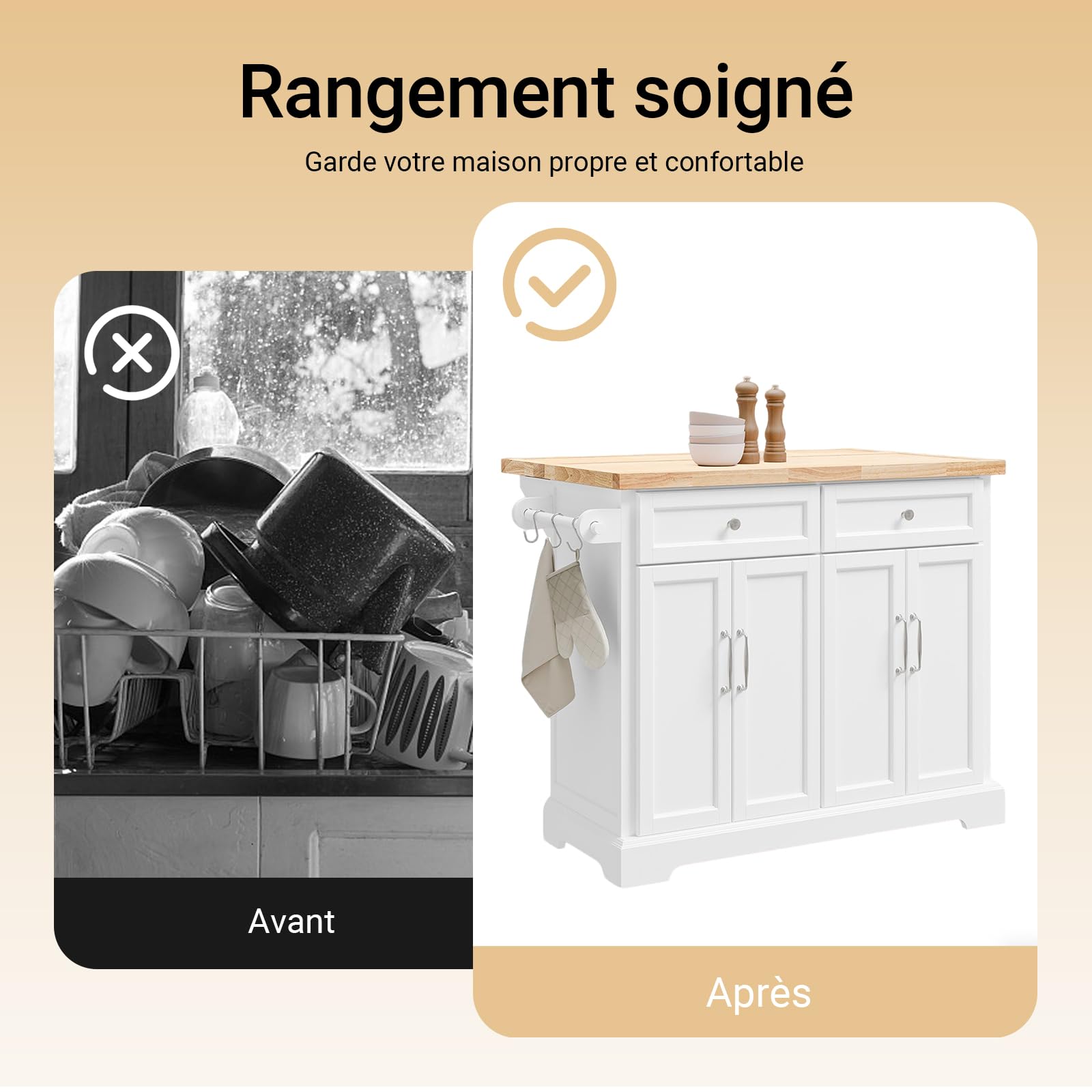 SoBuy Îlot Central Cuisine à roulettes & Plan Pliable, 115x92x(46-71) cm | Desserte Cuisine à roulettes, 2 tiroirs, tablettes réglables, range-couvercles & barre, 98 kg de charge, MDF/PB, FKW71-III-WN
