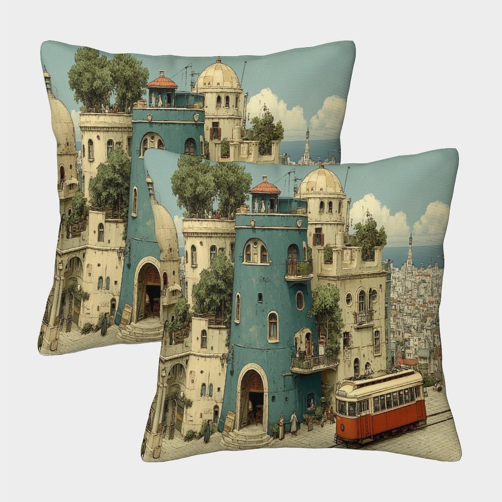 kaiyun 2 Pack Classic Architectural Style, Port City Pillowcase 45x45cm, Cushion Cover,3D Digital Printing Bed Sofa Decorative