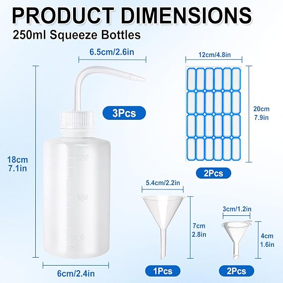 3 Pack Plastic Squeeze Bottles 250ml with Nozzles and Funnels, Safety Wash Bottle with Narrow Mouth with Scale for Lab Tattoo Ink and Kitchen Use