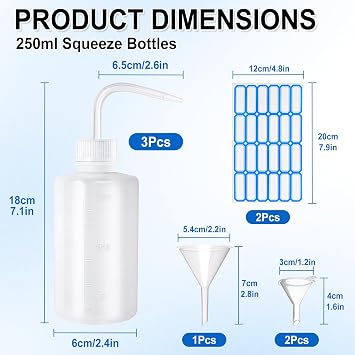 3 Pack Plastic Squeeze Bottles 250ml with Nozzles and Funnels, Safety Wash Bottle with Narrow Mouth with Scale for Lab Tattoo Ink and Kitchen Use