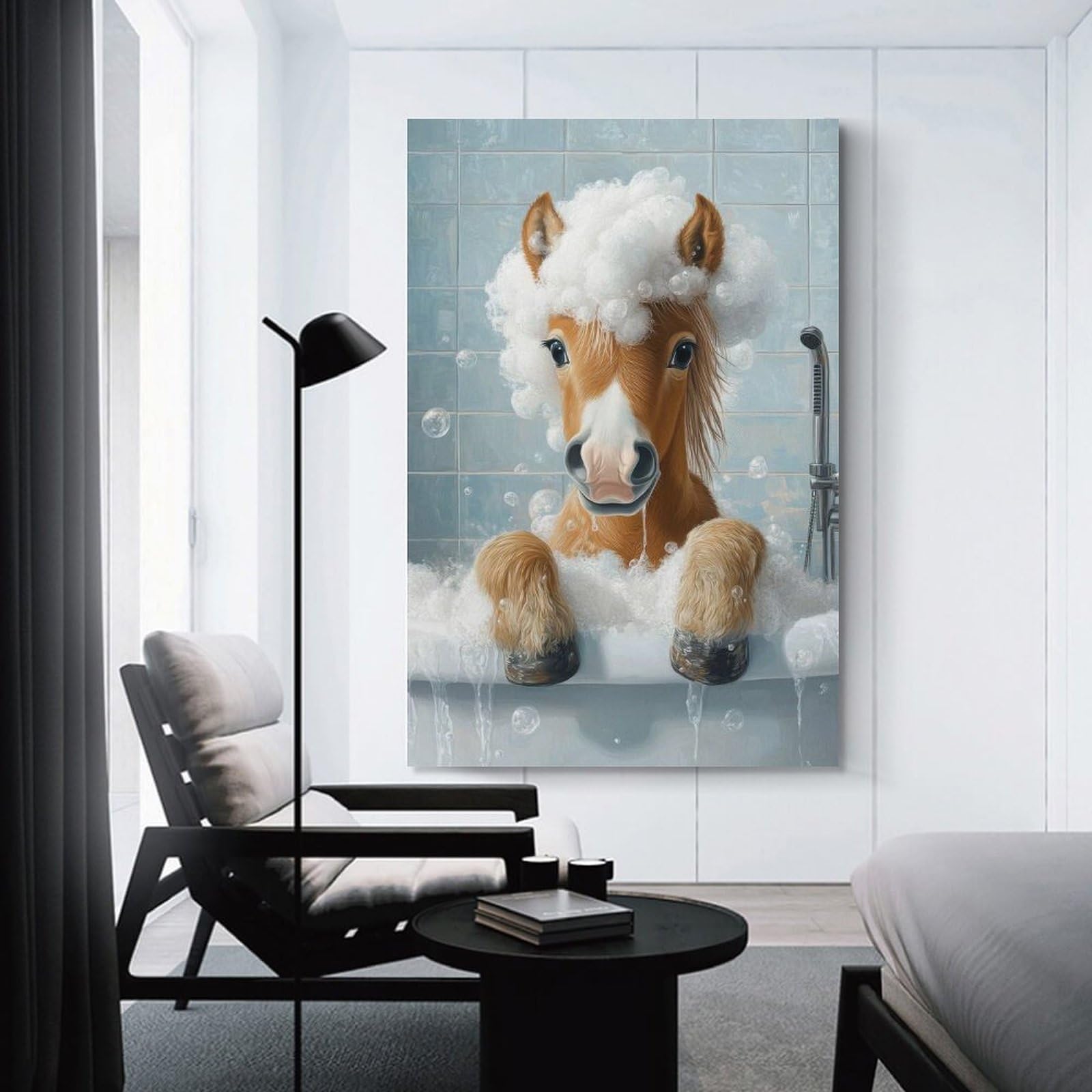 Junmoney Canvas Wall Art Horse Bath Time, 24x36inch(60x90cm), for Corridors, Hallways Or Apartment Entries, Decorative Canvas Styling for Entry Areas