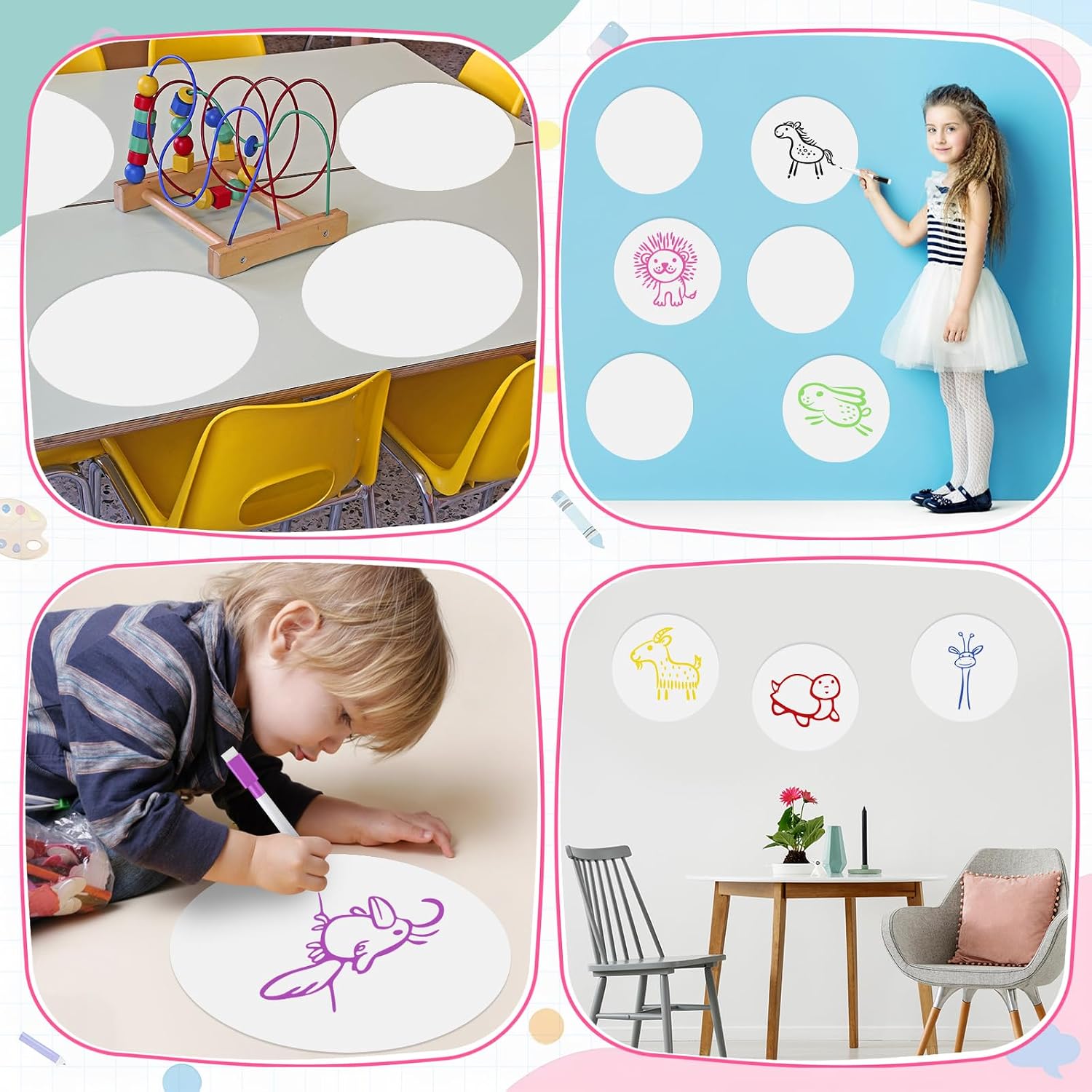 54 Pcs Dry Erase Dots Circles 11 Inch Removable Stickers Spots Wall Decals Magnetic Whiteboard Erasers Whiteboard Markers Set for School Classroom Teachers Students Table Desk(Blue,White)
