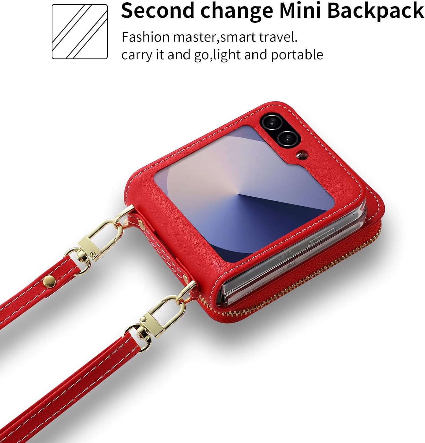 for Samsung Galaxy Z Flip 6/Flip 7 FE Luxurious Leather Zipper Wallet Case Offers 6 Card Slots, with Wrist Strap and Adjustable Shoulder Strap Like a Mini Backpack.(Red)