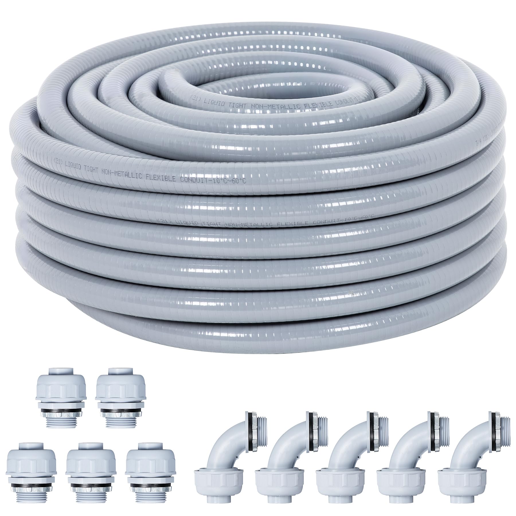 Neoaider Kit de conductos y conectores herméticos a líquidos de 1/2 pulgada, 50 pies, conducto eléctrico flexible no metálico, con 5 accesorios rectos y 5 ángulos, entierro directo, al aire libre