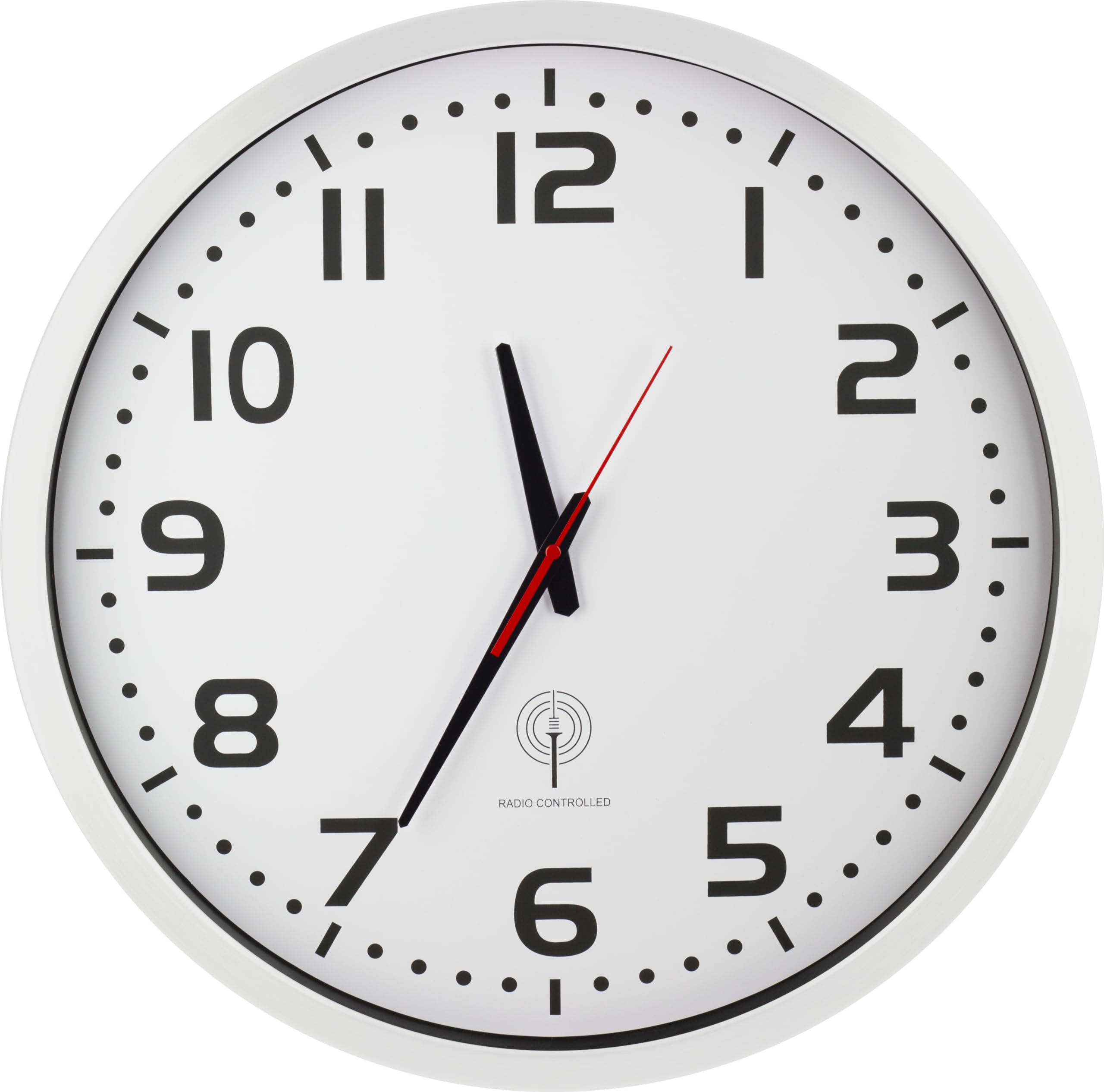 Eurotime 56863-00 radiowy zegar ścienny, 50 cm, biały, aluminium, prawdziwe szkło, przezroczysty cyferblat z 12 cyframi, automatyczna zmiana czasu i czasu, do salonu lub biura, przylegający do ściany,