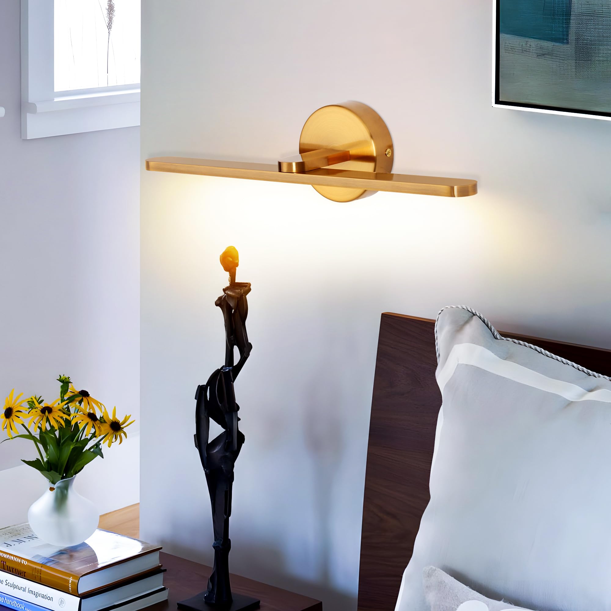 MantoLite Aplique LED latón pulido, Aplique para lámpara de cabecera, iluminación de cuadros 40CM 12W luz de espejo de baño IP44 3000K, luz de lectura Iluminación interior