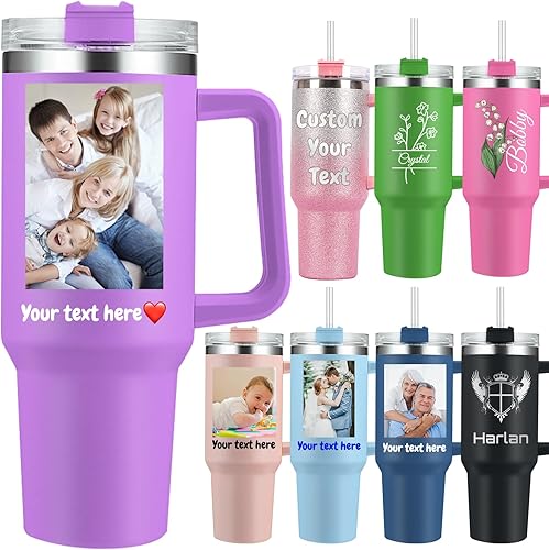 Vaso personalizado con foto con asa y nombres, imagen personalizada, texto de 40 onzas, tazas de viaje de acero inoxidable con aislamiento