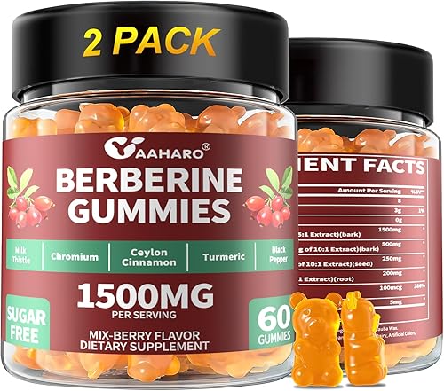 Paquete de 2 gomitas de berberina con canela de Ceilán, suplemento HCI de berberina de 1500 mg con cromo, cúrcuma y cardo mariano, apoyo