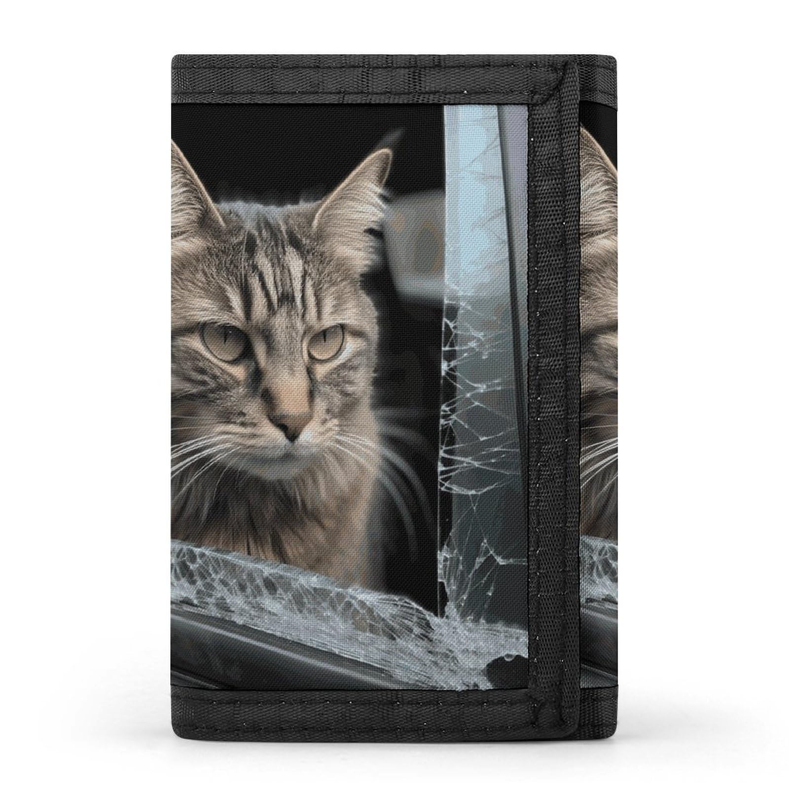 Cat in Car Trifold Wallet Minimalist Mens Wallet with Key Hook 8 Card Slots Modern Stylish Polyester Security Wallets Fashion Slim Credit Card Holder Id Window