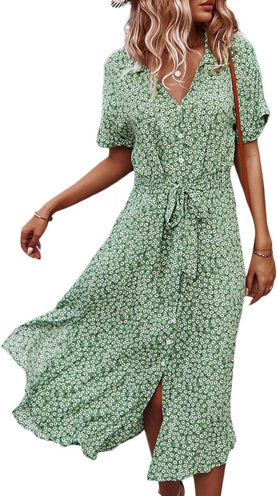 Women Floral Print T Shirt Dress Short Sleeve V Neck Summer Sun Dresses Casual Midi Maxi Dress with Belt Beach Party (Green