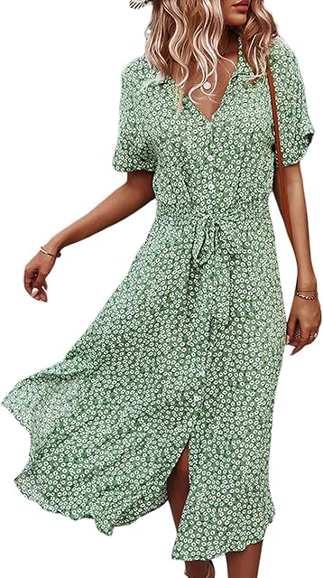 Women Floral Print T Shirt Dress Short Sleeve V Neck Summer Sun Dresses Casual Midi Maxi Dress with Belt Beach Party (Green, Medium)