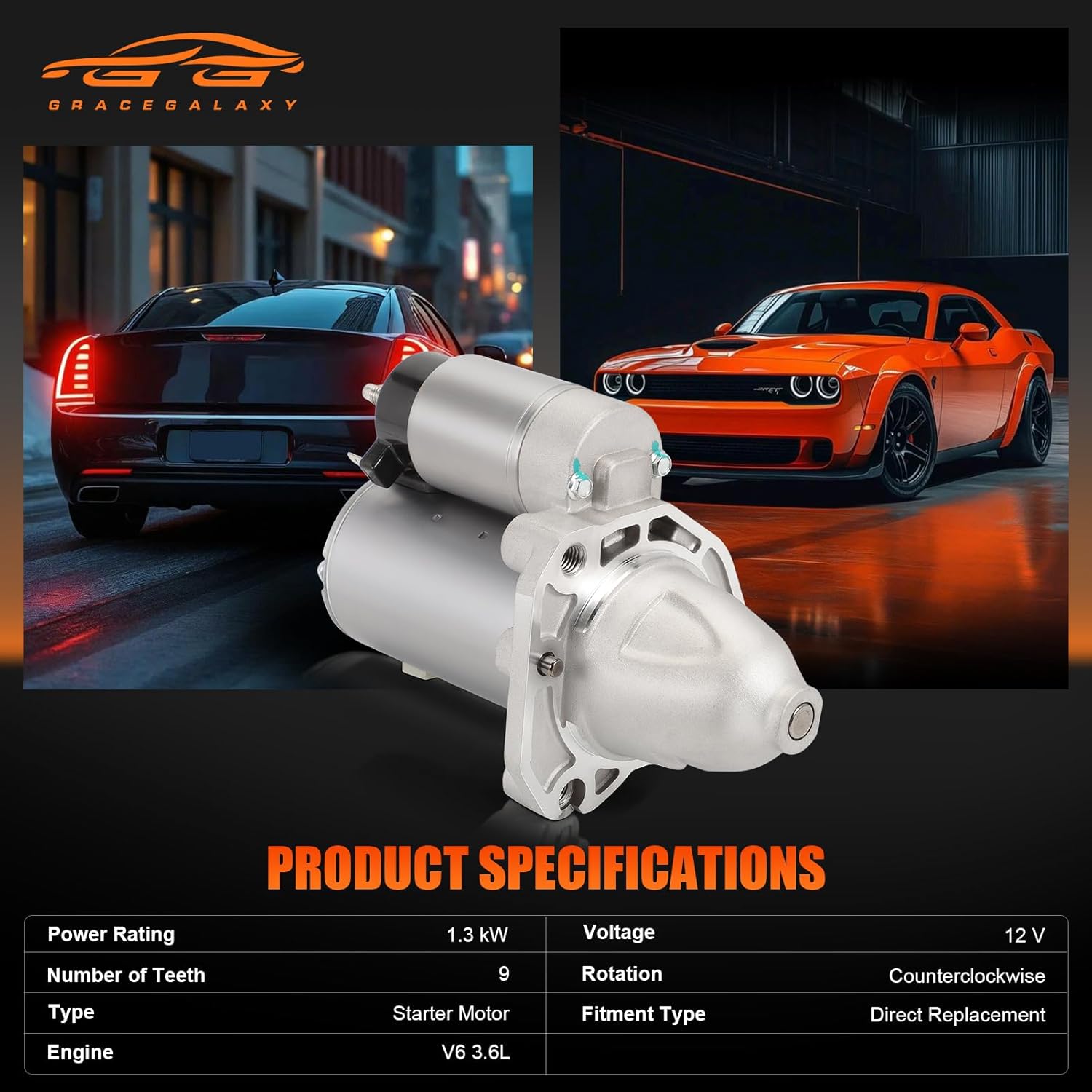 19185N Starter Motor Compatible with Chrysler 300 2011-2016, Dodge Challenger/Charger/Durango 2011-2016, Jeep Grand Cherokee 2013-2015, Ram 1500 2013-2014 V6 3.6L for 19185 428000-7210 04801852AB