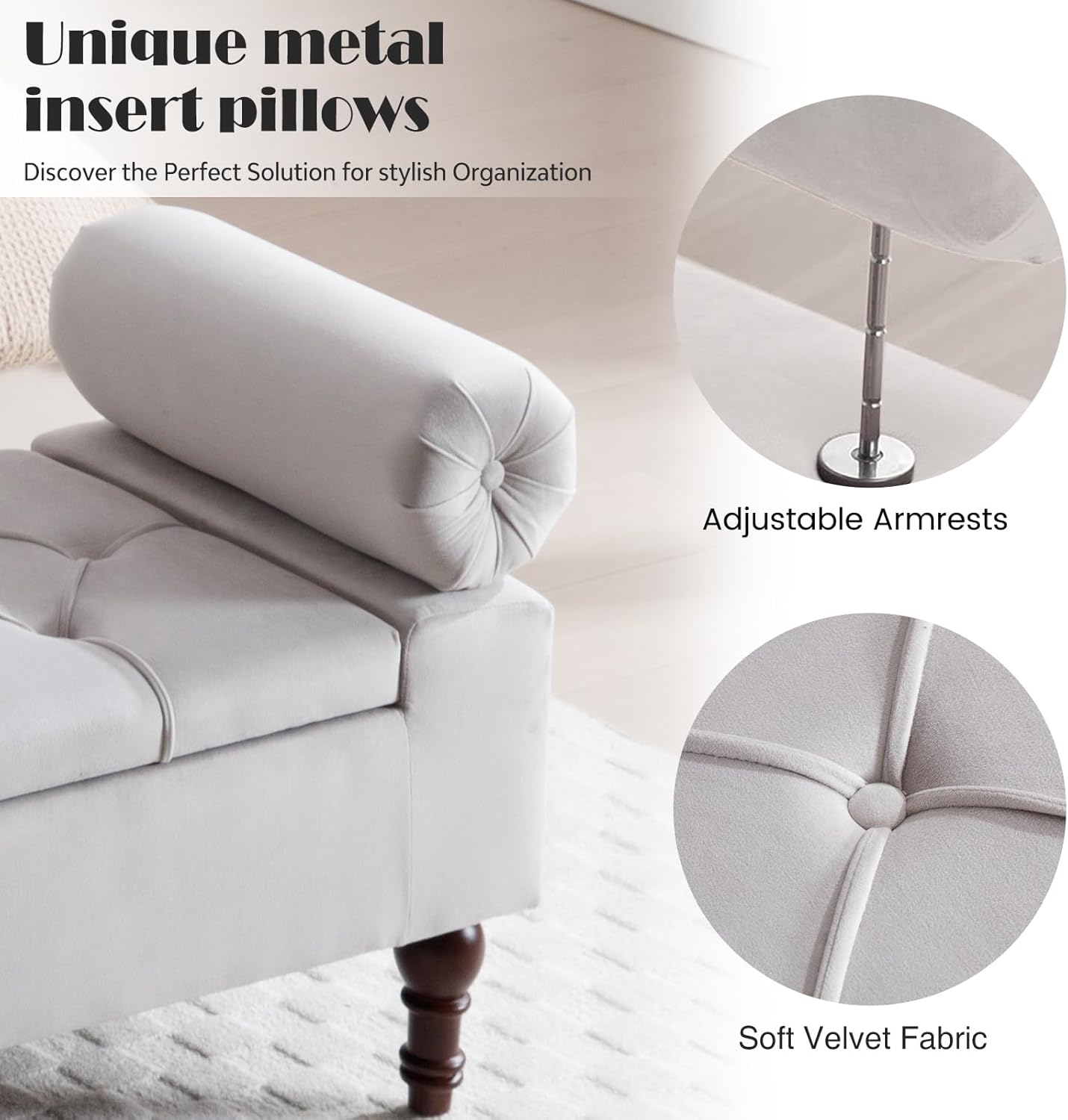 67'' Storage Bench Upholstered with Tufted Button Adjustable Rolled Arms Velvet End of Bed Bench Storage Bench for Bedroom Living Room Entryway (LightGray)