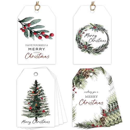 Beautiful Watercolor Christmas Gift Tags - 48 Pcs Rustic Christmas