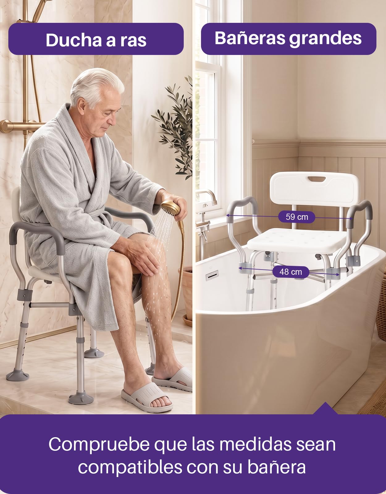 KEKOY Silla Ducha Personas Mayores Reforzada con Reposabrazos y Respaldo | Taburete Ducha Regulable en Altura con Pies Ventosa Antideslizantes Ensanchados para Adultos y Discapacitados, blanco