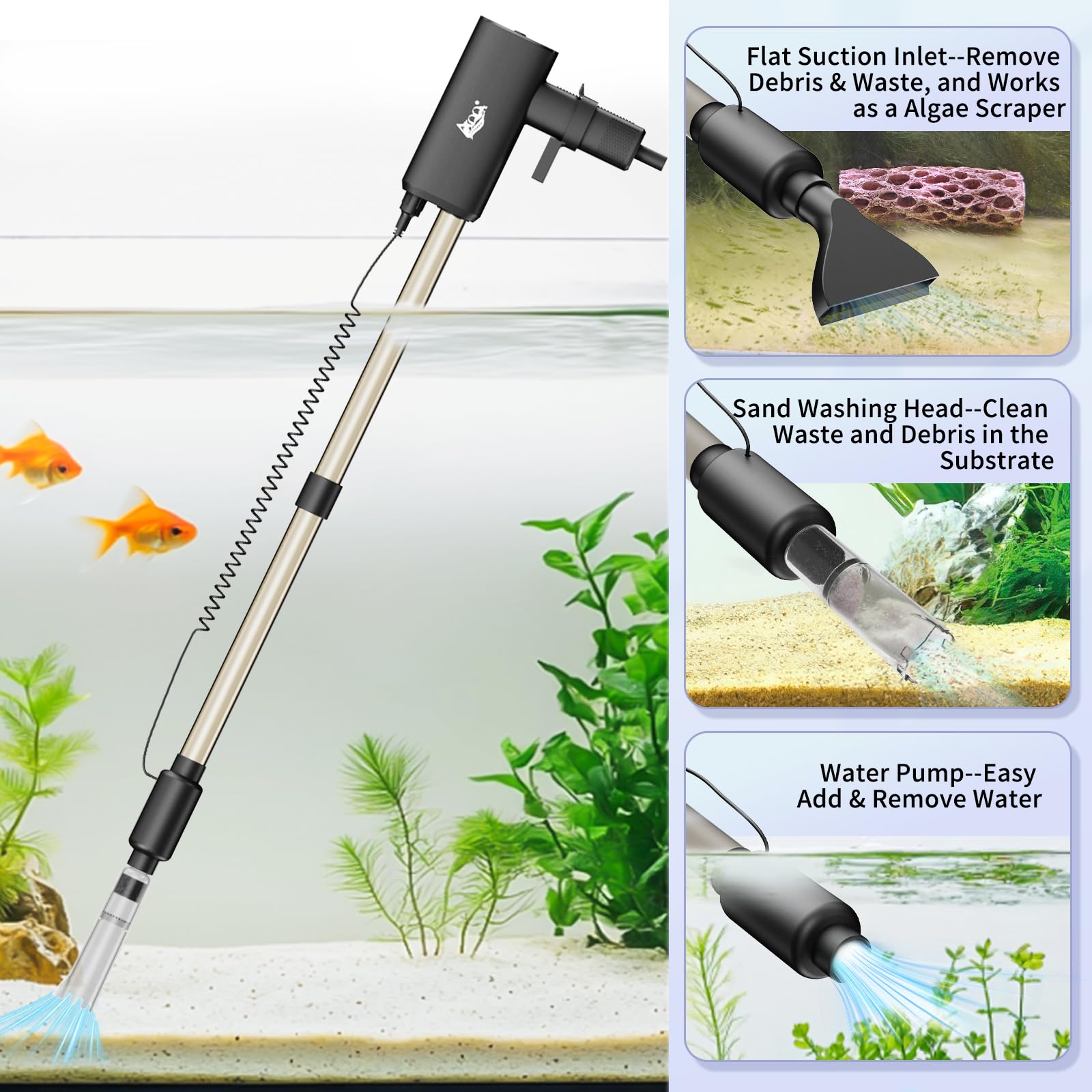 AQQA Limpiador de grava al vacío para acuario, 20 W, eléctrico, recargable, herramientas para cambio automático de agua, limpieza de desechos y lavado de arena, fuerte succión con 4 velocidades