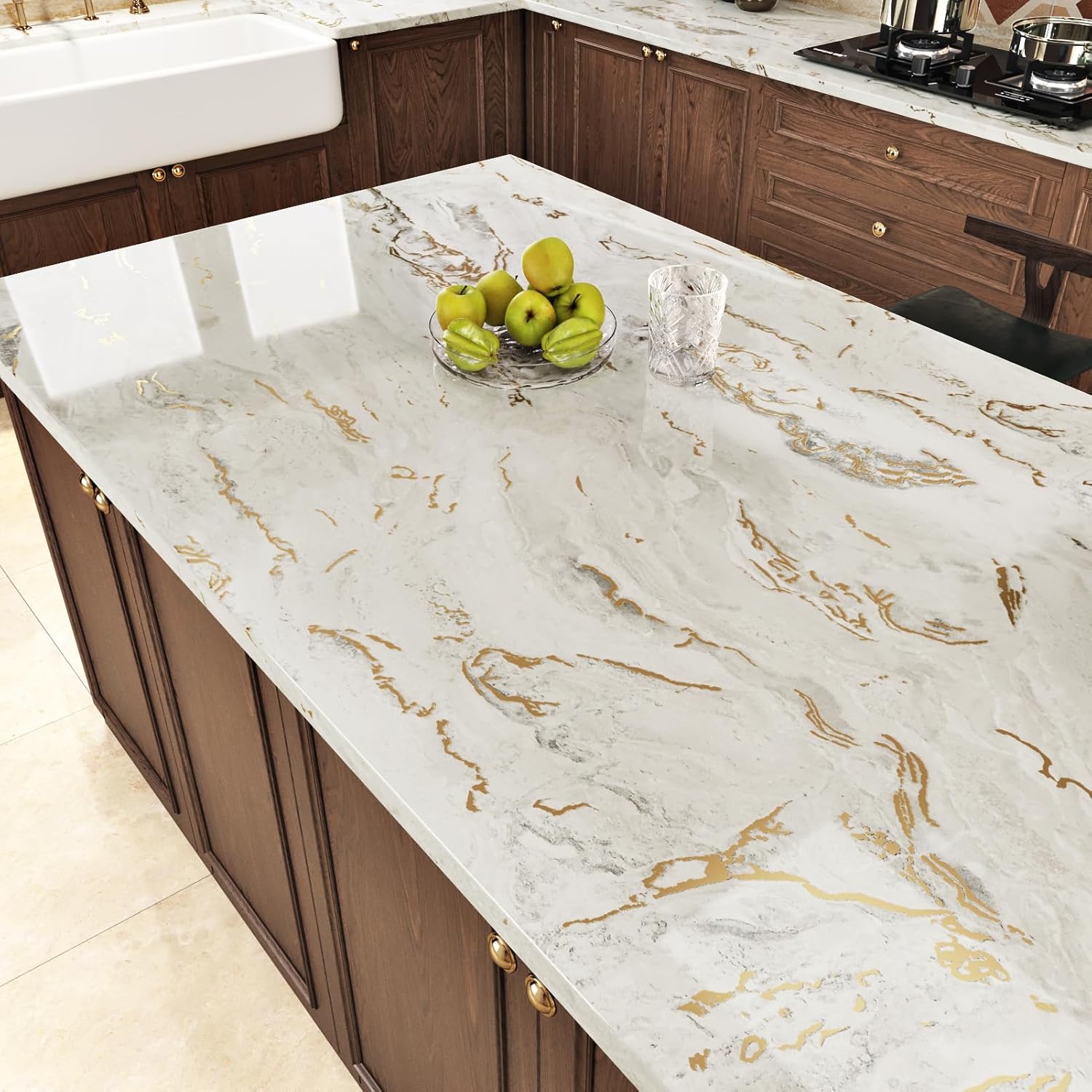 Marble Contact Paper Beige Gold Marble Wallpaper Glossy Peel and Stick Countertop Self Adhesive Granite Sticker Countertop Waterproof Wallpapers for Shower Backsplash Desk Vinyl Wrap Locker
