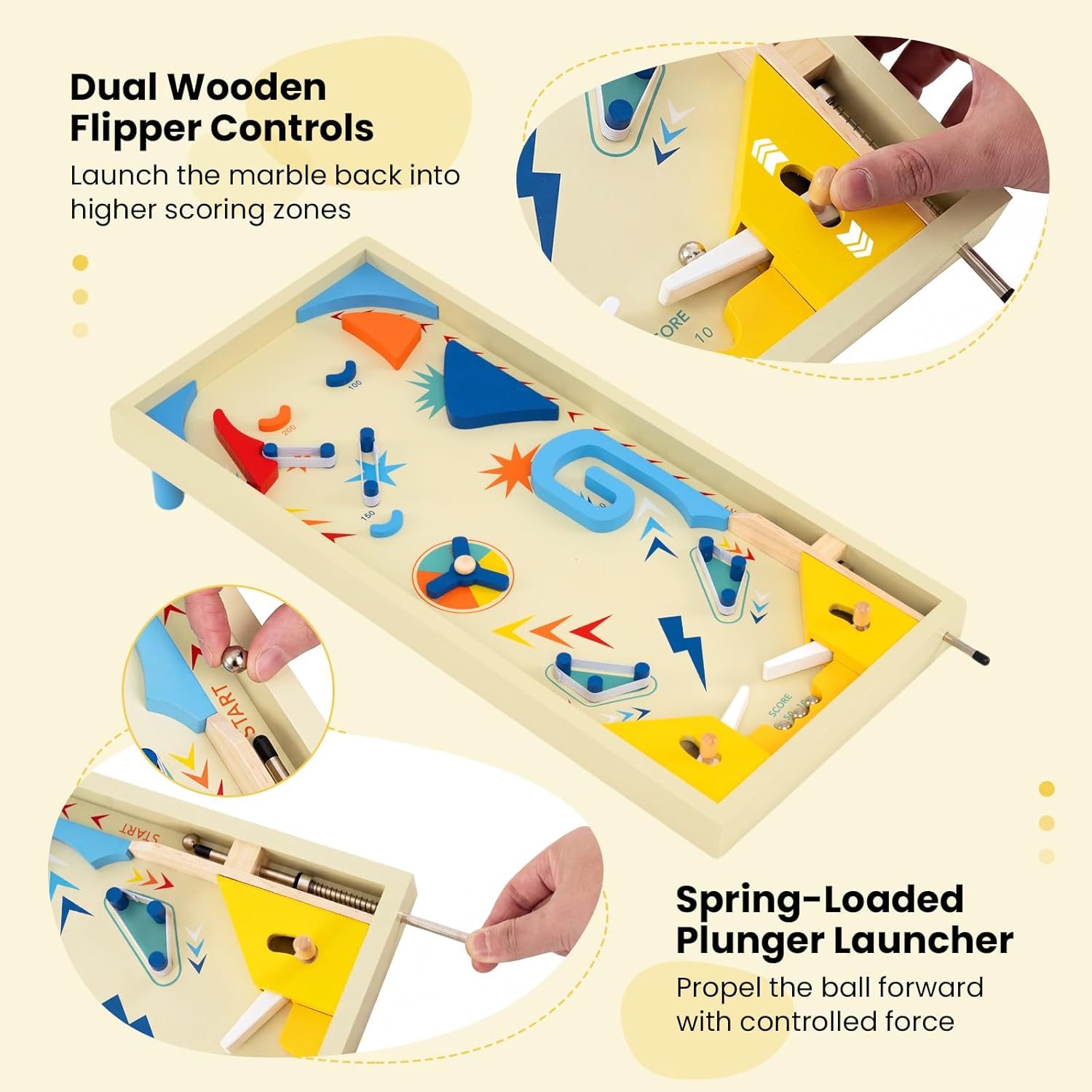 Costzon Wooden Pinball Machine, Scoring Rotating Track Tabletop Game w/ 3 Balls for Kids 6+ & Adults, Marble Pinball for Hand-Eye Coordination, Stress Relief Office Desk or Family Party, Shooting Game