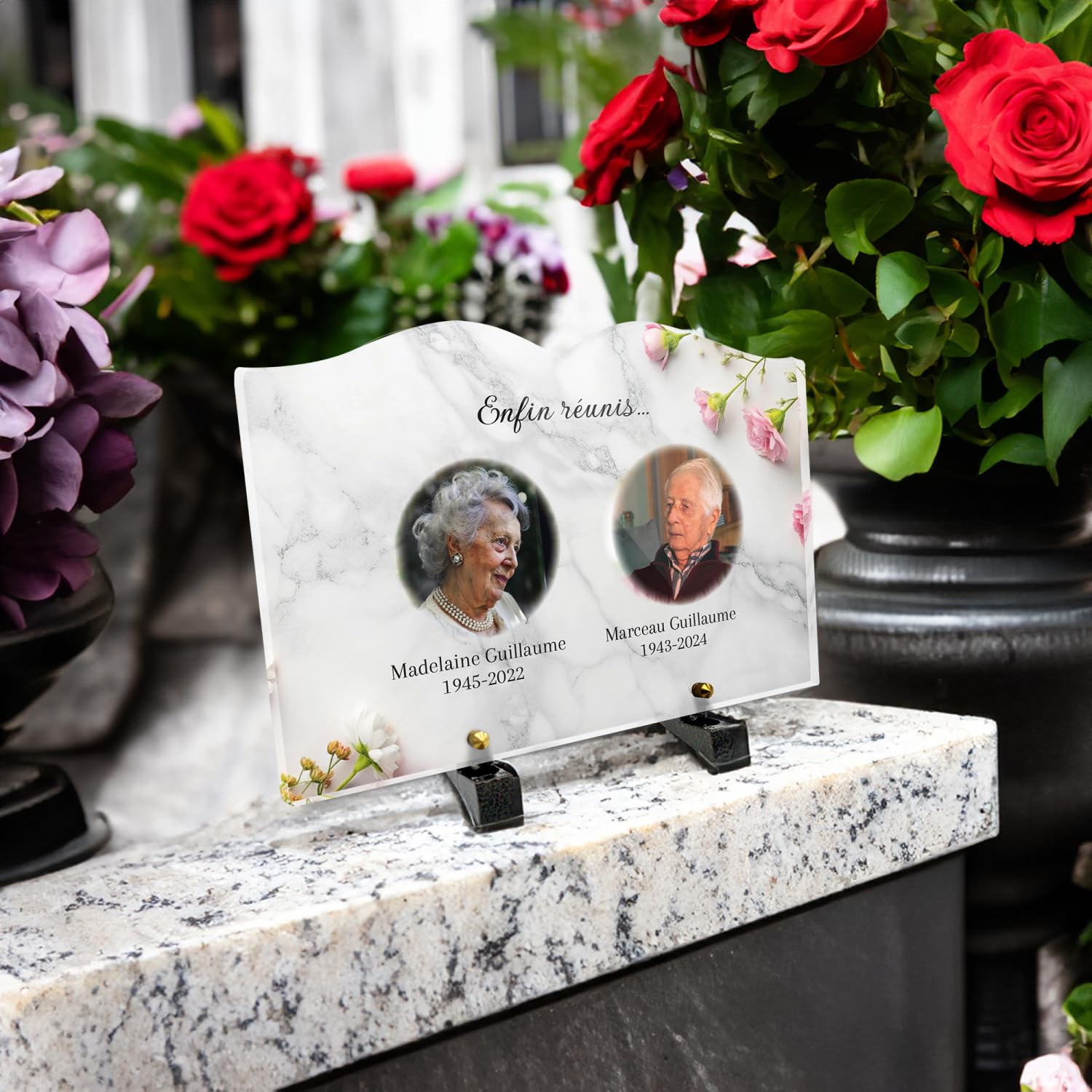 Placa funeraria libro personalizable de plexiglás con doble foto, homenaje para parejas, diseño de flores, tamaño 30 x 20 cm