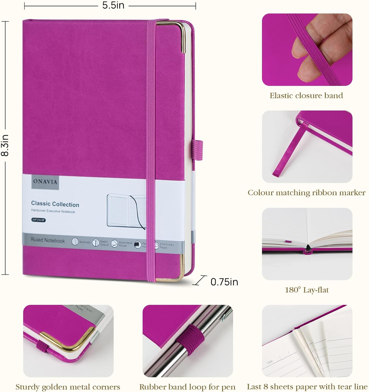 ONAVIA A5 College Ruled Notebook 6 Pack, Hardcover Lined Journals for Work & Office, Study and Planning, Class Writing and Journaling, PU Leather Note Books, 5.5"x8.3", 160 Pages