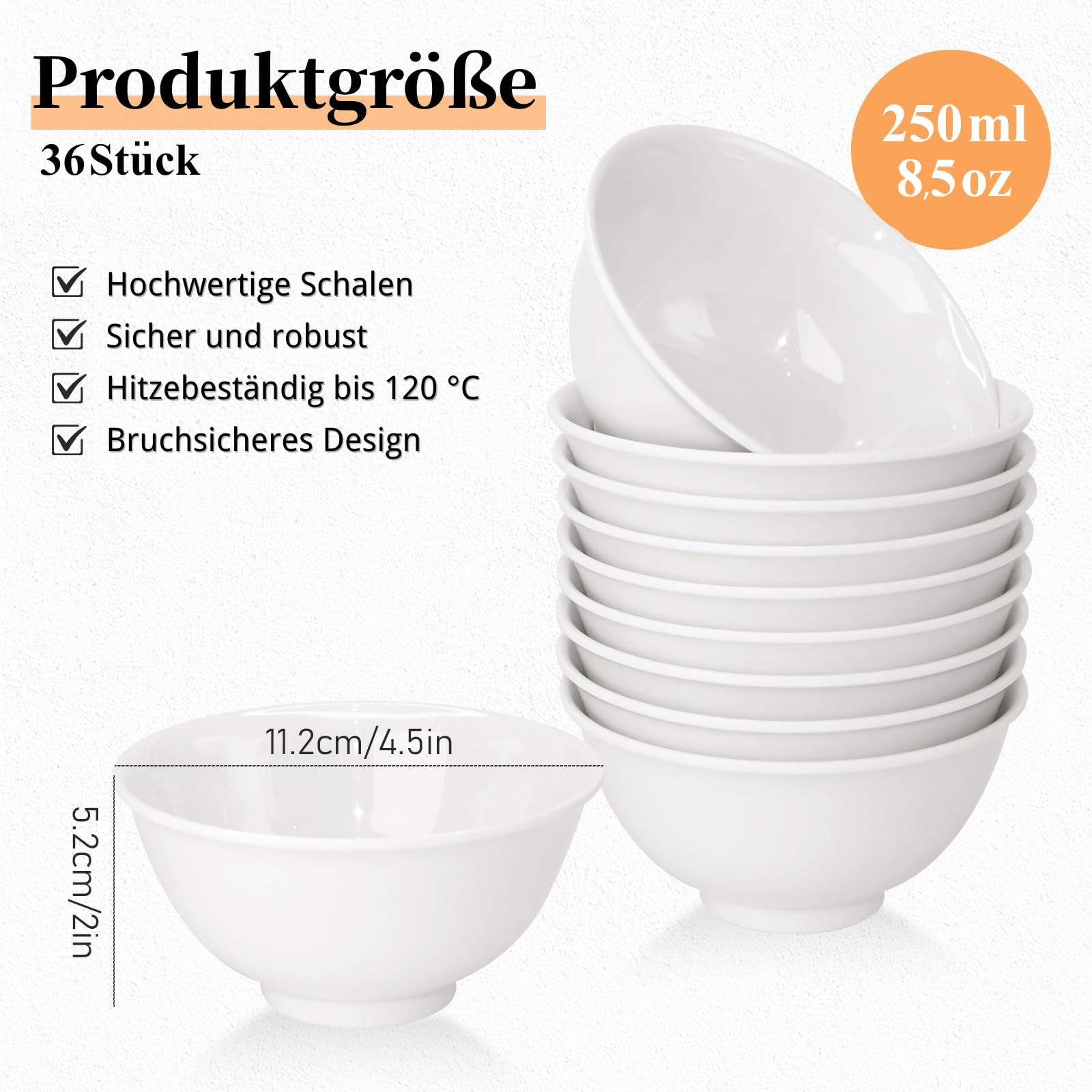 36 ciotole bianche in melamina, piccole ciotole in plastica, riutilizzabili, per insalata, pasta, riso, frutta e dessert, Φ11 cm