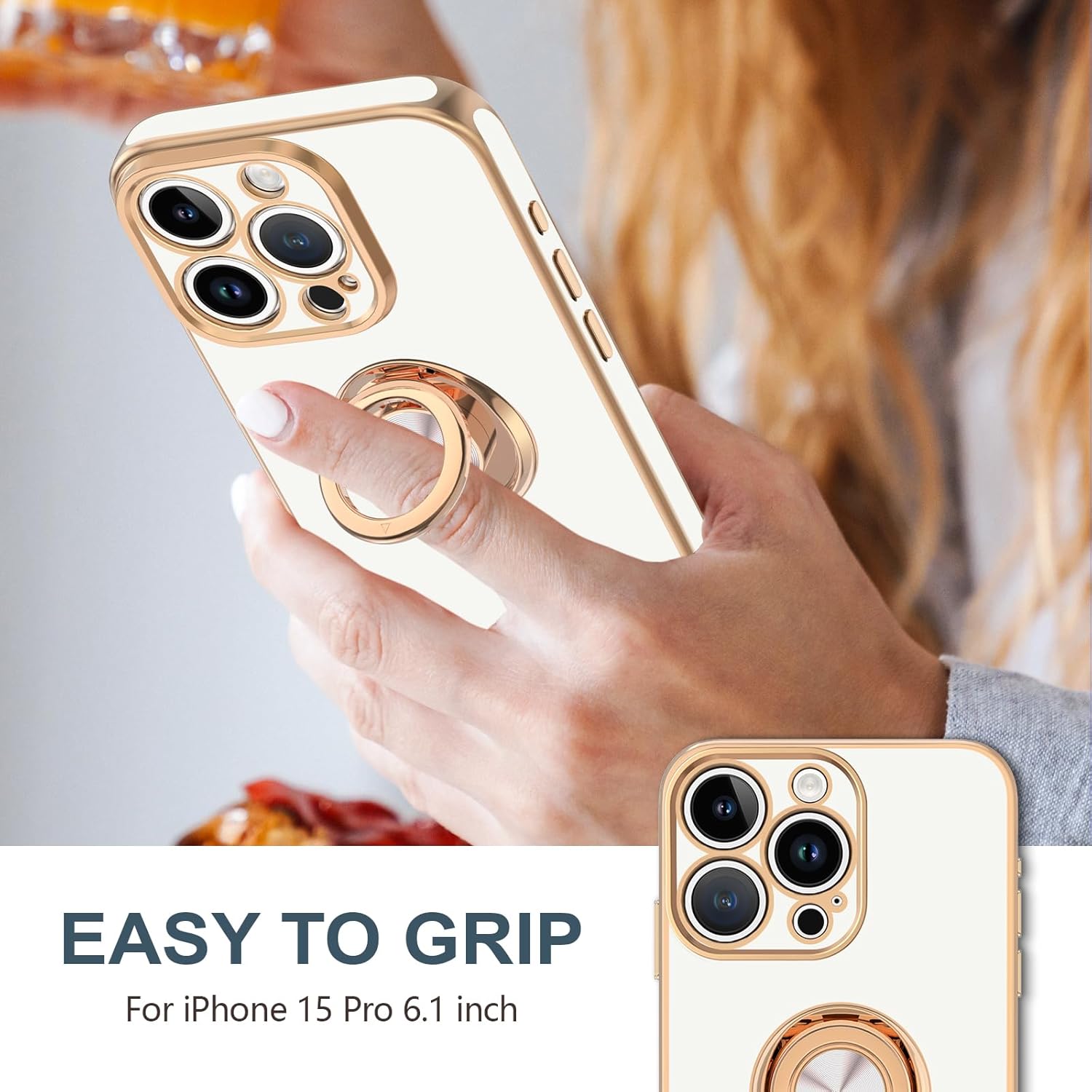 Hython for iPhone 15 Pro Case with Ring Stand, 360° Rotatable Ring Holder Magnetic Kickstand, Plating Rose Gold Edge Soft Cover Luxury Protective Phone Case for iPhone 15 Pro 6.1", White - Image 2