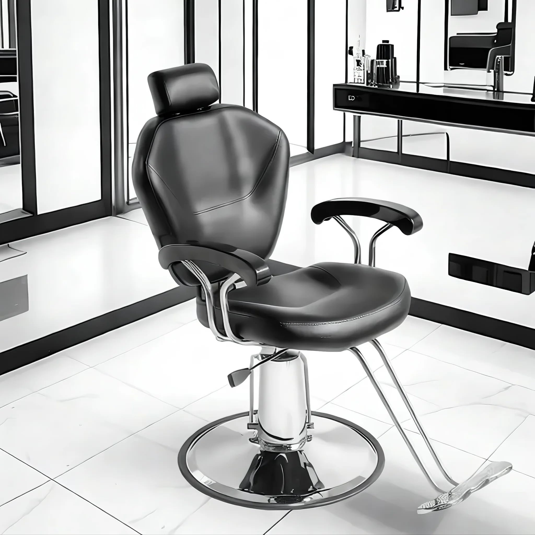 Sedia da Parrucchiere, Sedia da Barbiere Reclinabile Idraulica In Pelle PU a 360° Con Poggiapiedi Cromato per Salone Professionale E Casa, 90 x 65 x 100 cm, Nero