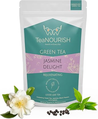 TeaNOURISH Jasmine Delight Green Tee | Darjeeling Loose Leaf Tea with All Powerful Antioxidants | Supports Immunity |Calming, Relaxing & Bedtime Tee | 50 Cups Hot or Iced Tee - 3.53oz/100g