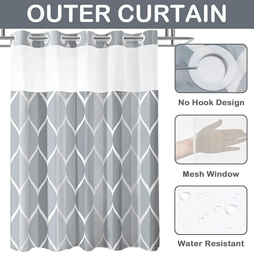 Miniatura 4 de Juego de cortina de ducha y forro sin gancho, cortinas de ducha geométricas modernas grises para baño, estilo hotel, juego de cortinas de baño