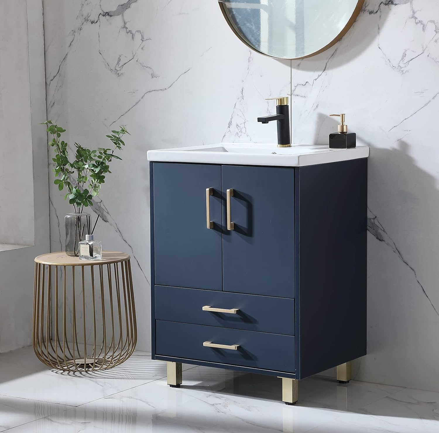 24 inch Blue Vanity with Sink, Wood Standing Bathroom Vanity Set with Ceramic Vessel Sink, 2 Doors, 2 Drawer