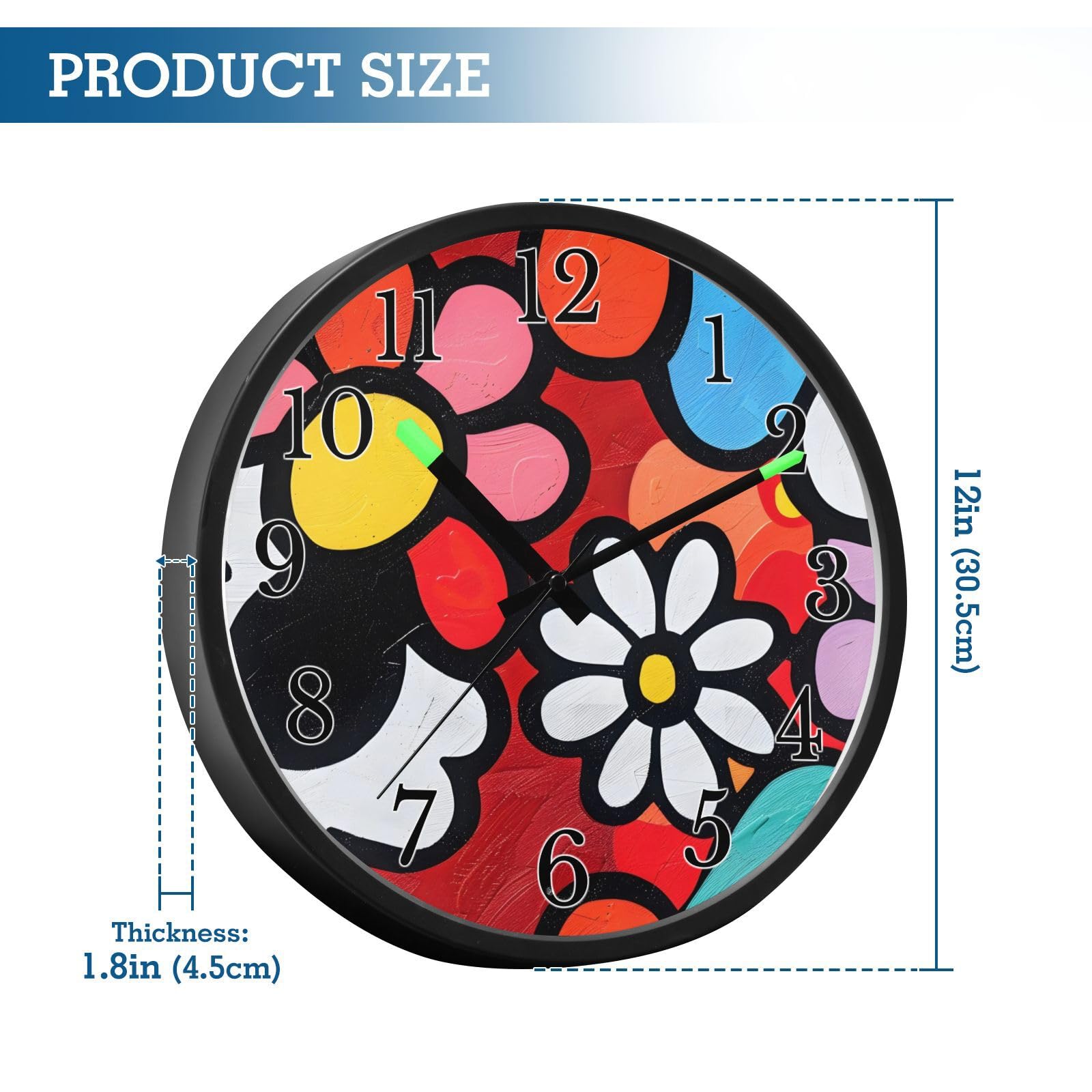 Mnsruu Reloj de pared infantil con diseño de garabatos florales luminosos para dormitorio, funciona con pilas, reloj silencioso que brilla en la oscuridad, para sala de estar, cocina, 12 pulgadas